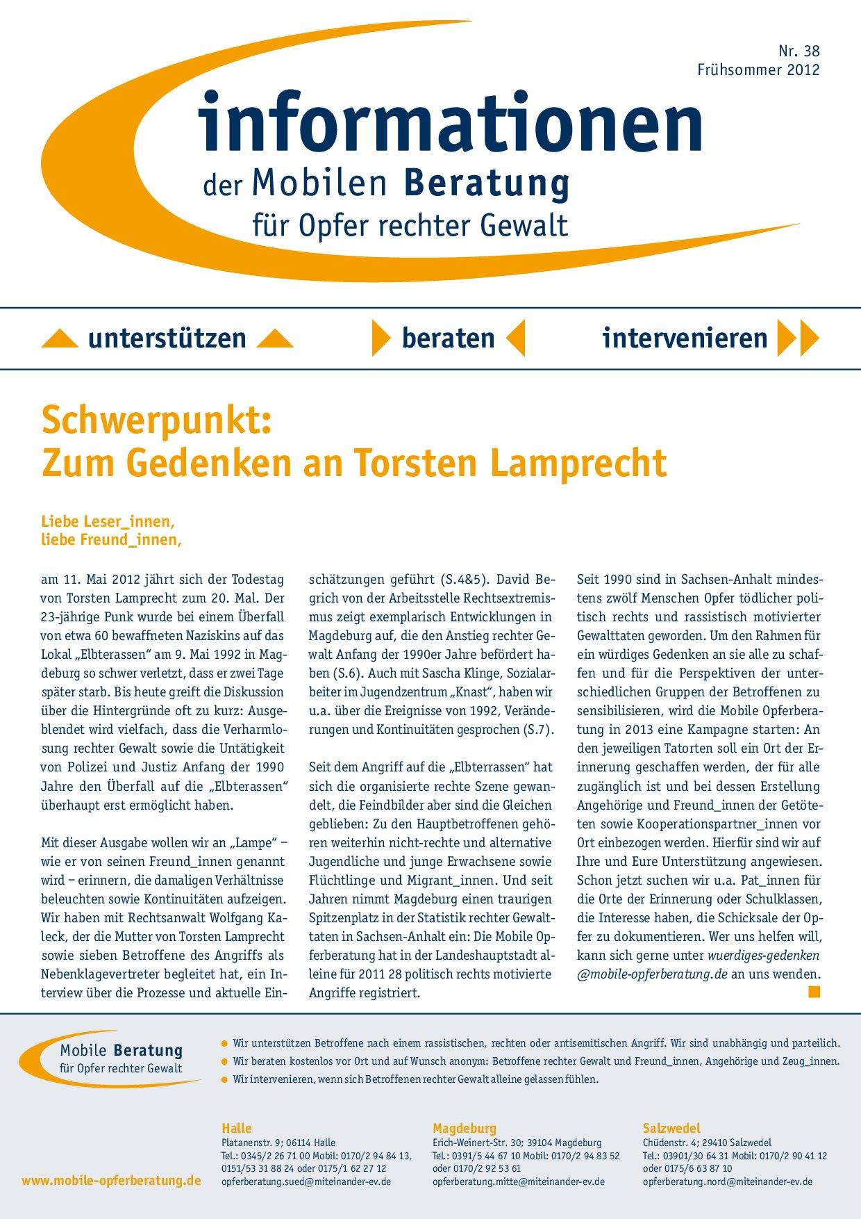 Cover von Informationen der Mobilen Beratung für Opfer rechter Gewalt Nr. 38 Frühjahr 2012
