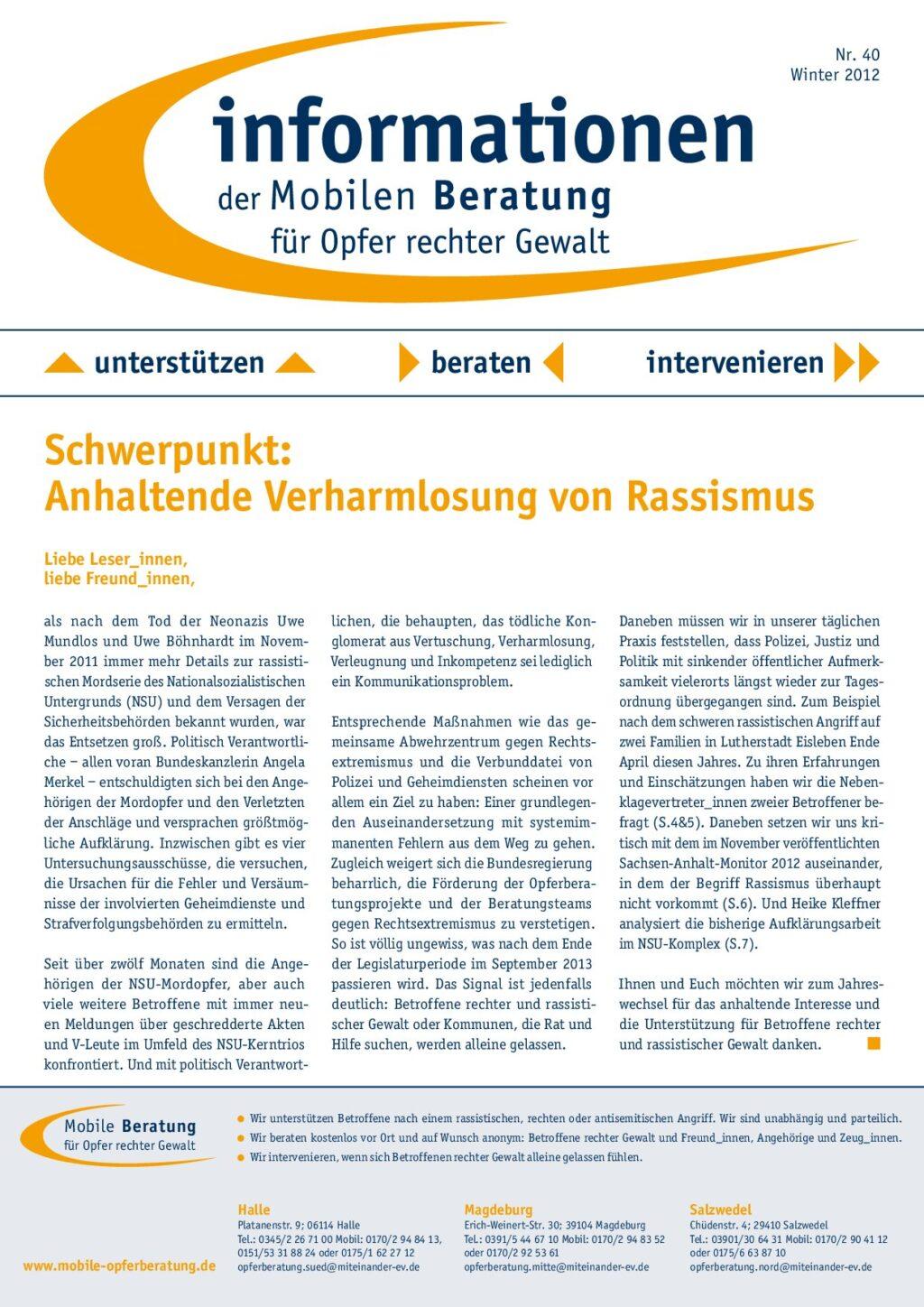 Cover von Informationen der Mobilen Beratung für Opfer rechter Gewalt. Winter 2012. Nr. 40