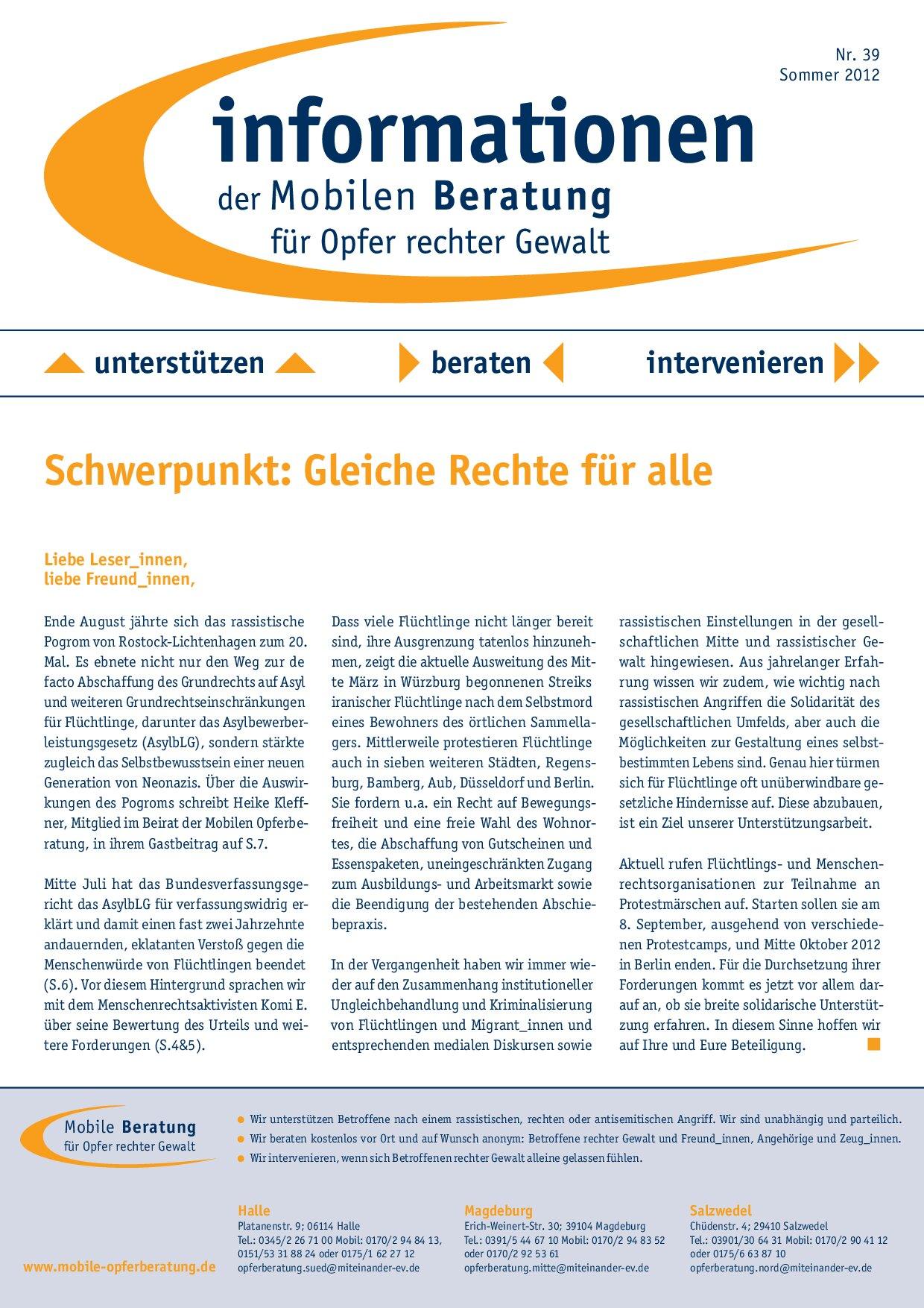 Cover von Informationen der Mobilen Beratung für Opfer rechter Gewalt Nr. 39