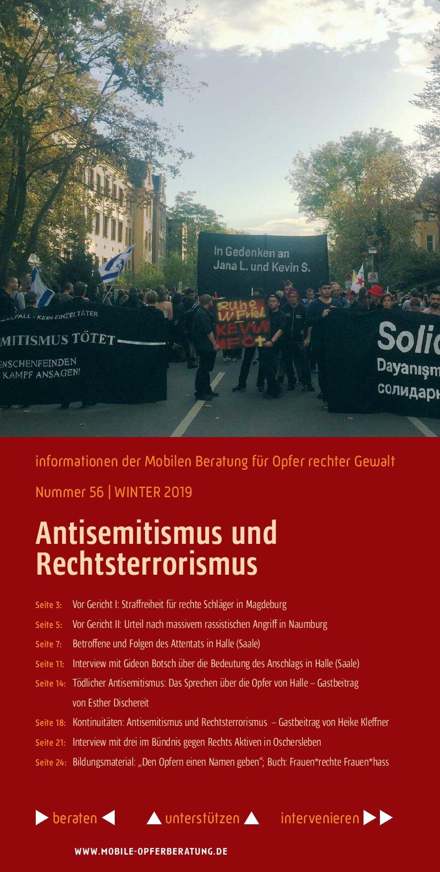 Cover von Informationen der Mobilen Beratung für Opfer rechter Gewalt. Nummer 56 Winter 2019