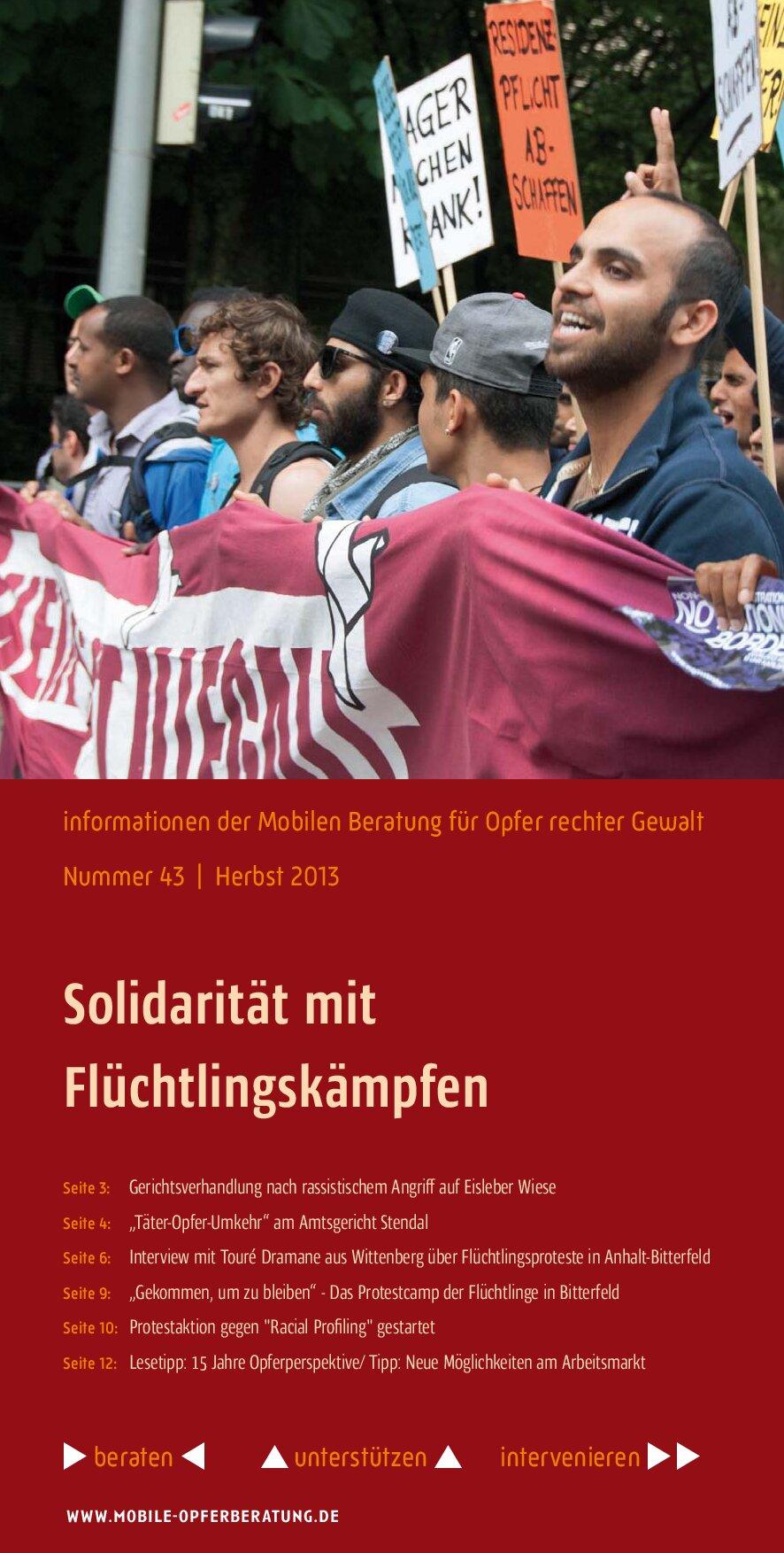 Cover von Informationen der Mobilen Beratung für Opfer rechter Gewalt. Nummer 43 Herbst 2013. Solidarität mit Flüchtlingskämpfen