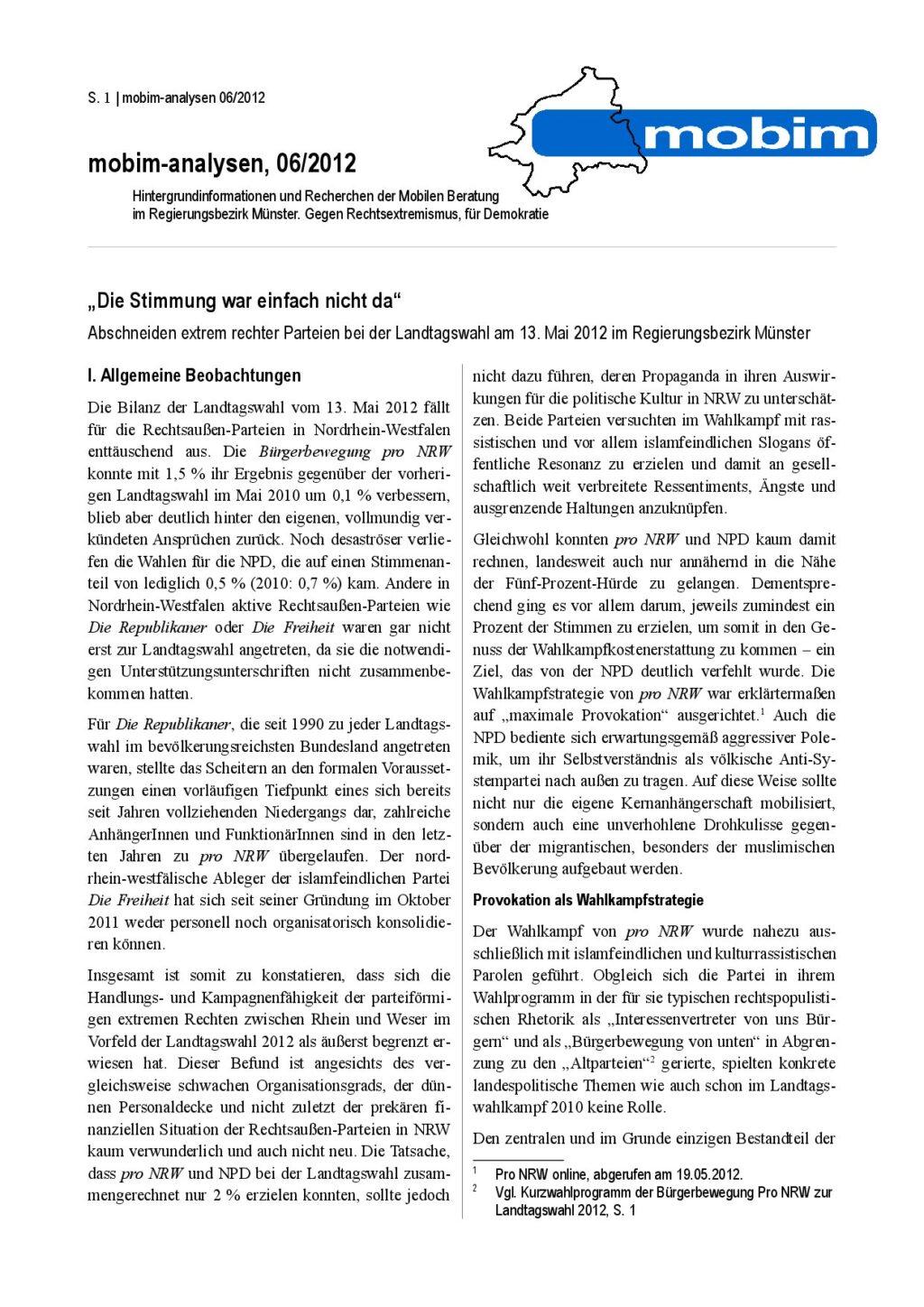 Cover von mobim-analysen, 06/2012 "Die Stimmung war einfach nicht da" Abschneiden extrem rechter Parteien bei der Landtagswahl am 13.Mai 2012 im Regierungsbezirk Münster