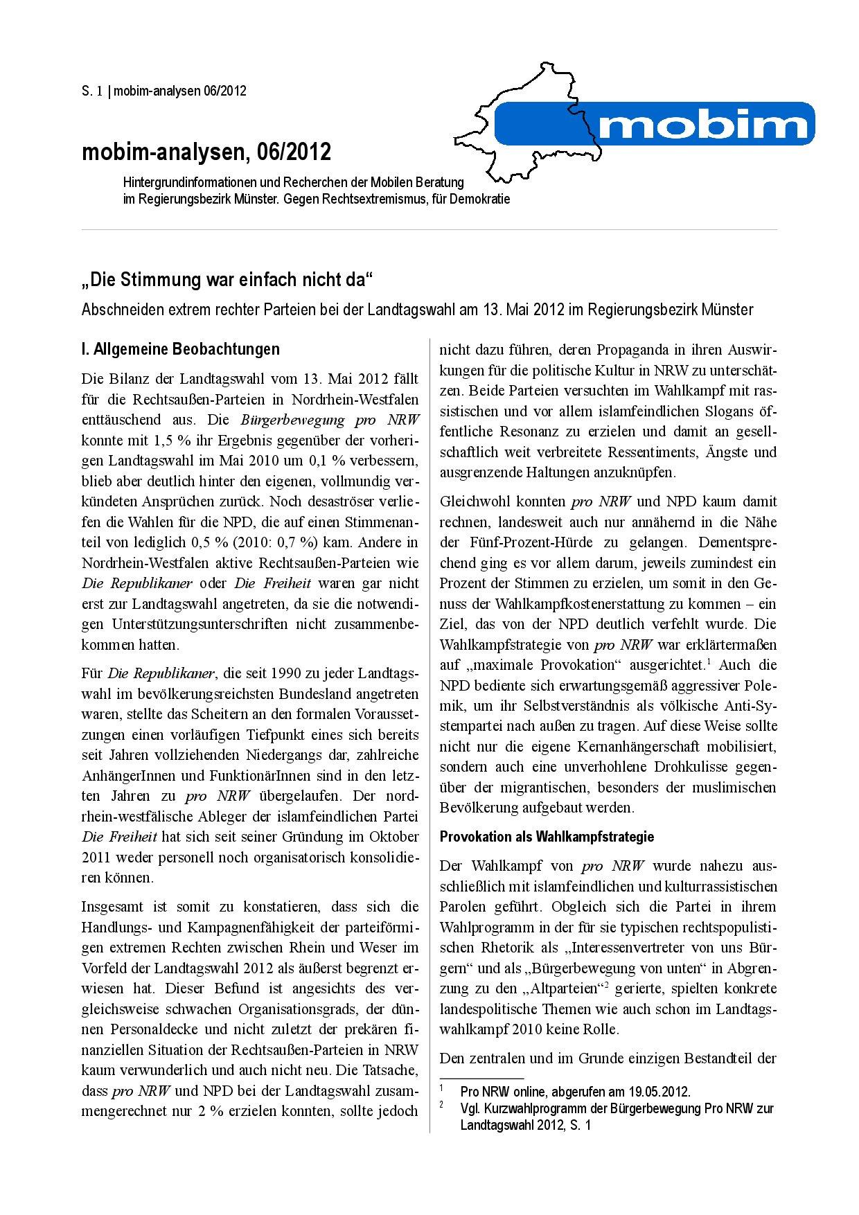 Cover von mobim-analysen, 06/2012 "Die Stimmung war einfach nicht da" Abschneiden extrem rechter Parteien bei der Landtagswahl am 13.Mai 2012 im Regierungsbezirk Münster