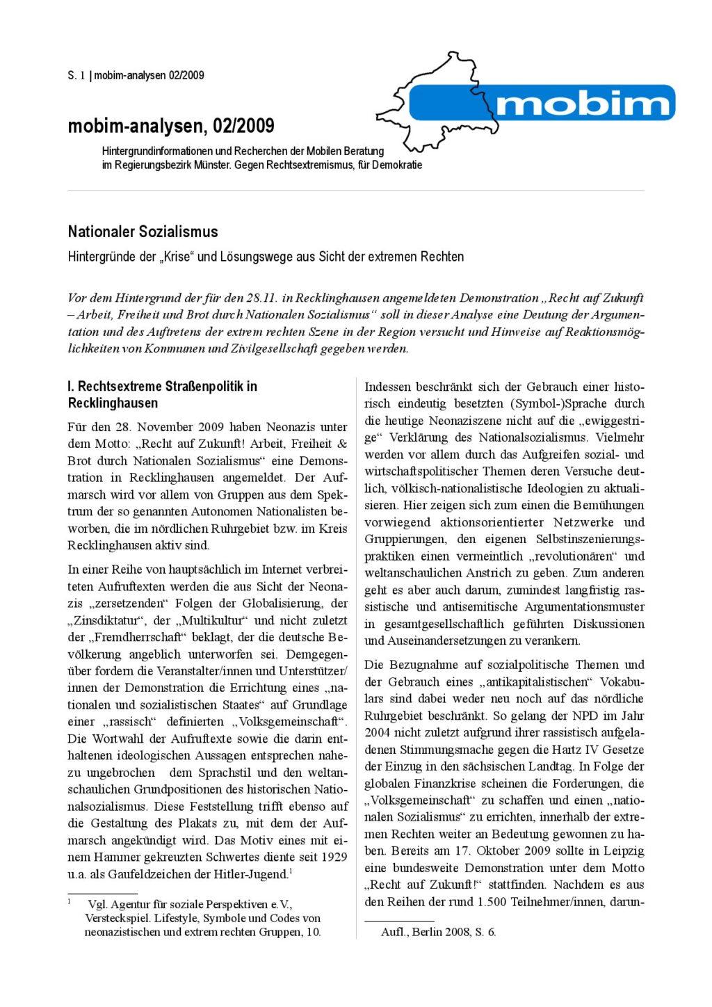 Cover von mobim-analysen, 02/2009 Nationaler Sozialismus. Hintergründe der "Krise" und Lösungswege aus Sicht der extremen Rechten