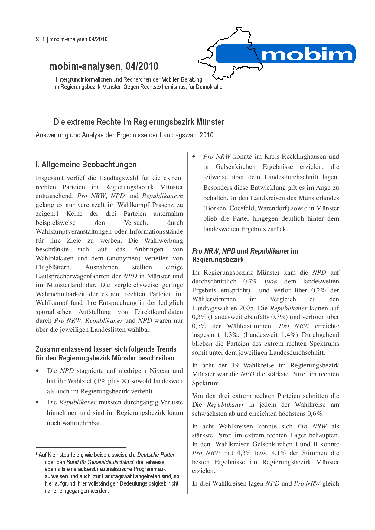 Cover von Die extreme Rechte im Regierungsbezirk Münster. mobim-analysen, 04/2010