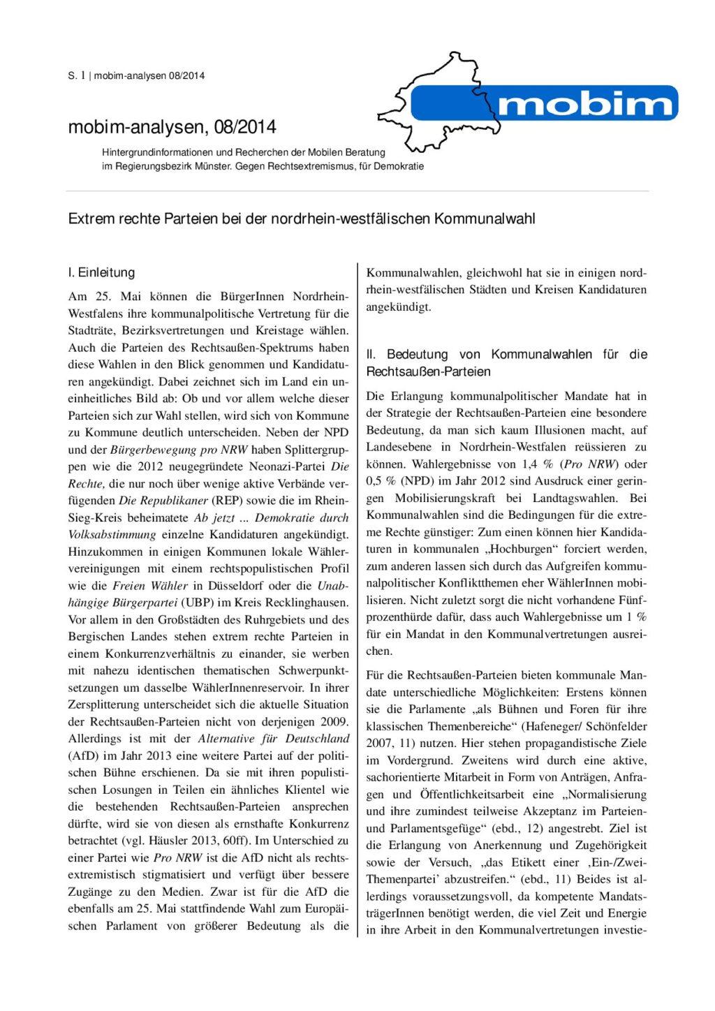 Cover von mobim-analysen, 08/2014 Extrem rechte Parteien bei der nordrhein-westfälischen Kommunalwahl