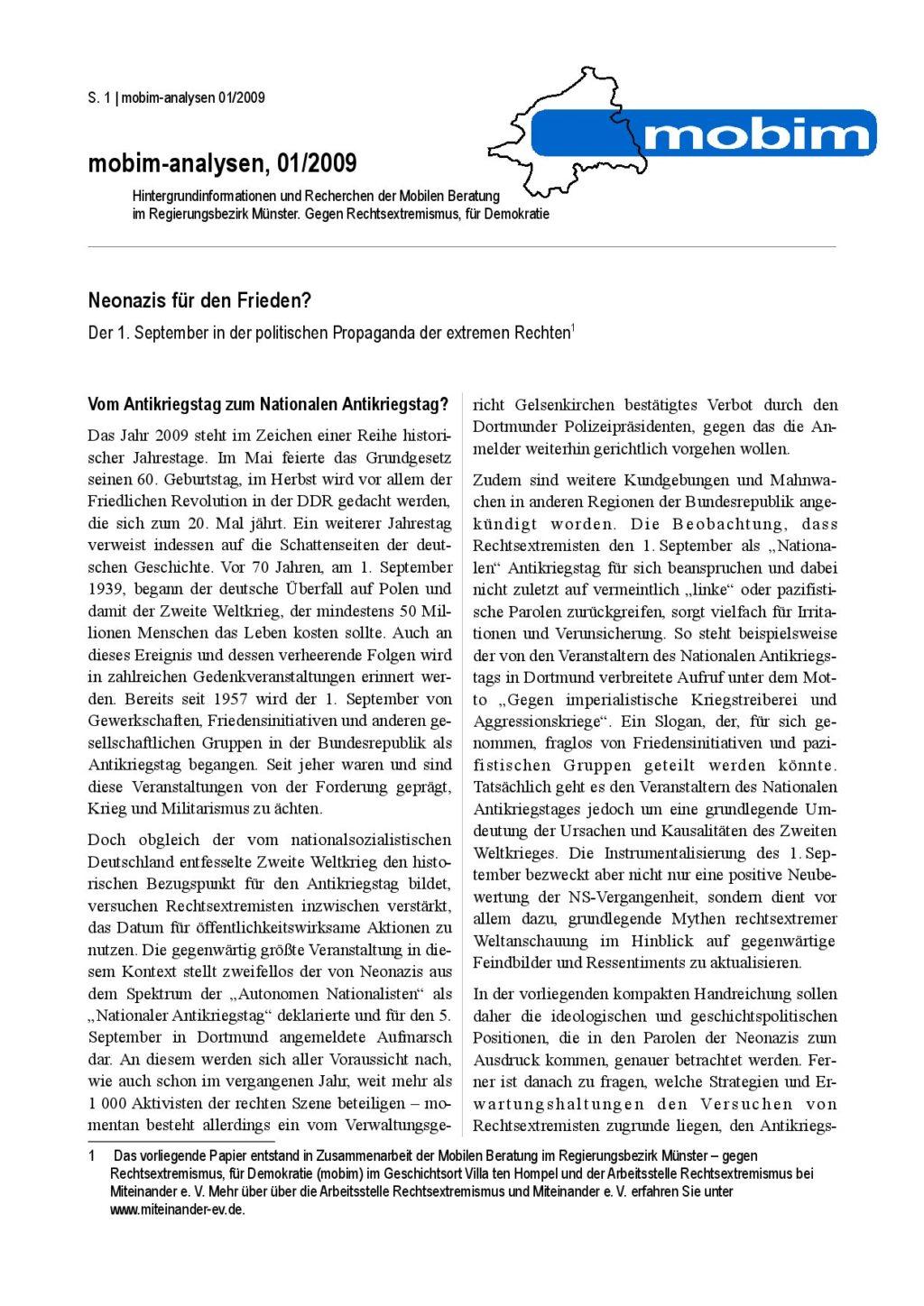 Cover von Neonazis für den Frieden? mobim-analysen, 01/2009