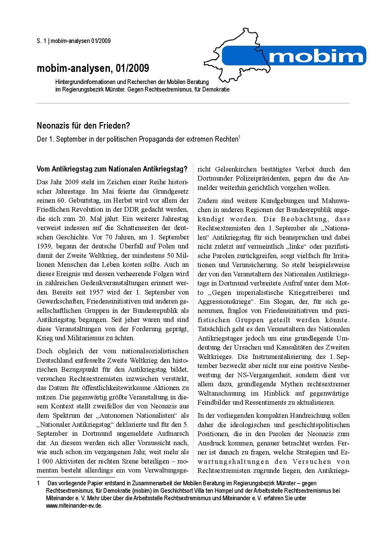 Cover von Neonazis für den Frieden? mobim-analysen, 01/2009