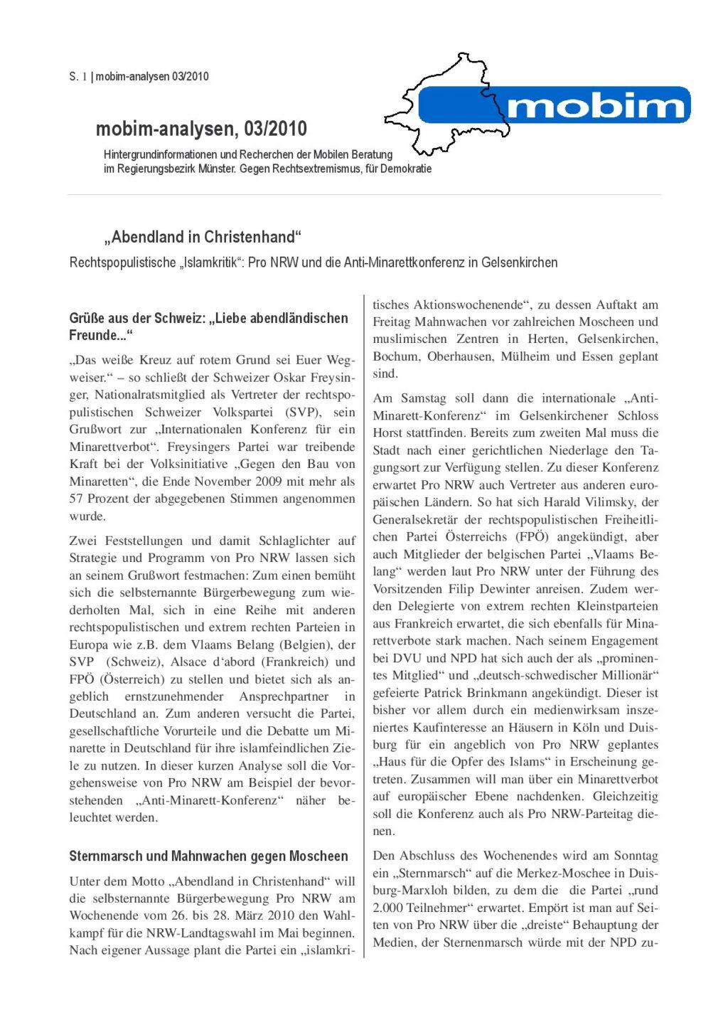Cover von "Abendland in Christenhand". Rechtspopulistische "Islamkritik": Pro NRW und die Anti-Minarettkonferenz in Gelsenkirchen. mobim-analysen, 03/2010