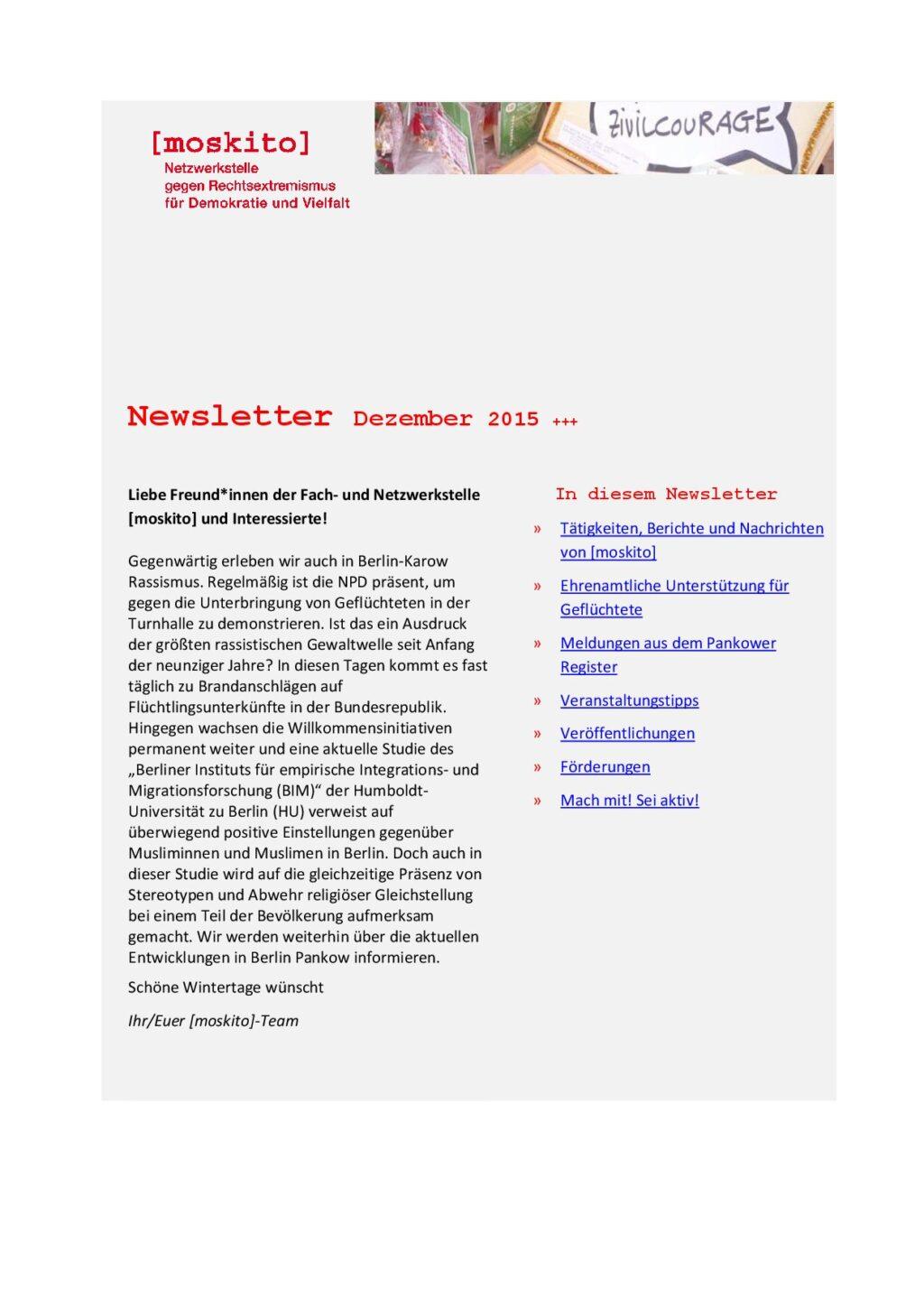 Cover von Newsletter der Netzwerkstelle [moskito]. Dezember 2015