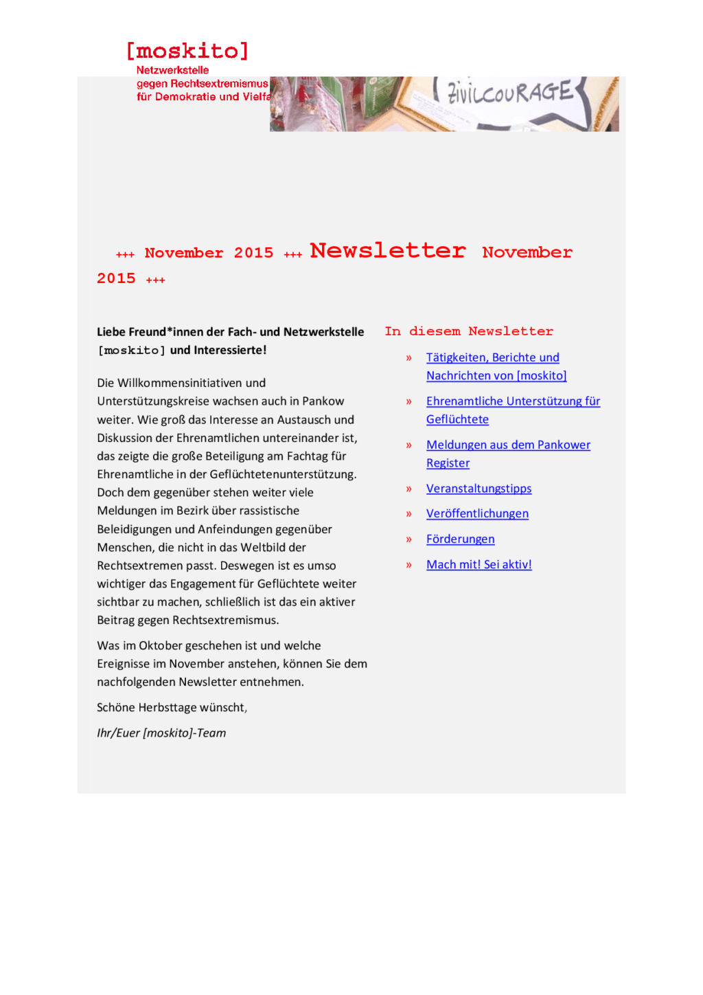 Cover von Newsletter der Netzwerkstelle [moskito]. November 2015