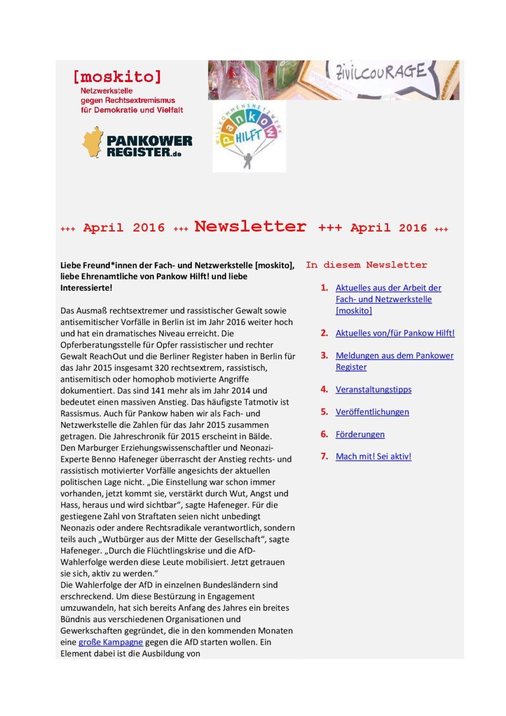 Cover von Newsletter der Netzwerkstelle [moskito]. April 2016