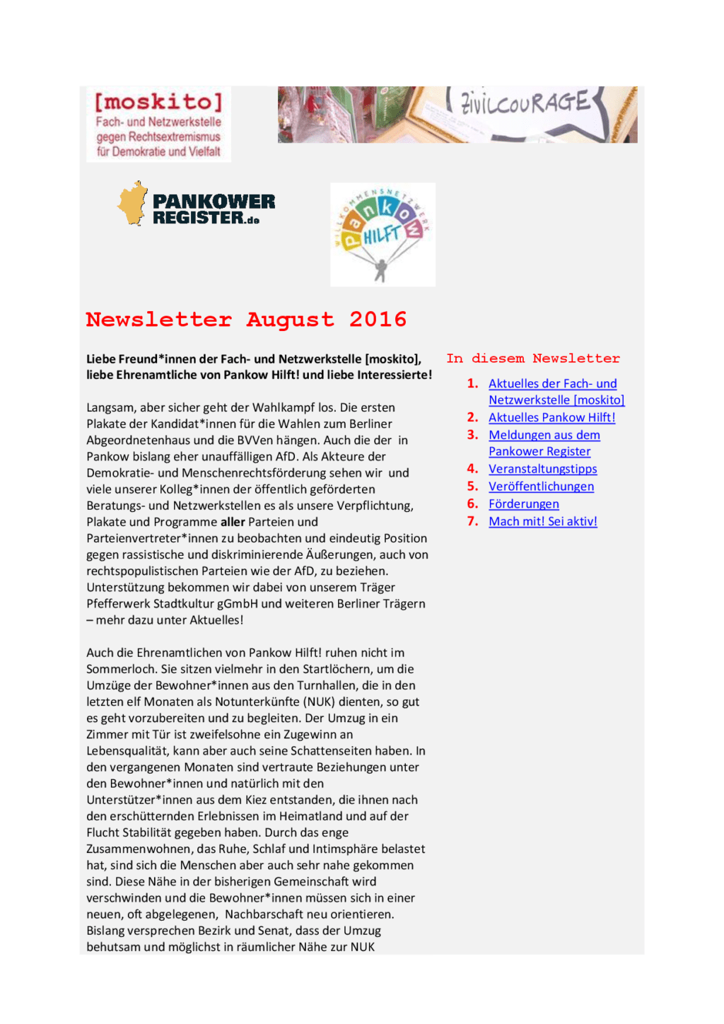 Cover von Newsletter der Netzwerkstelle [moskito]. August 2016
