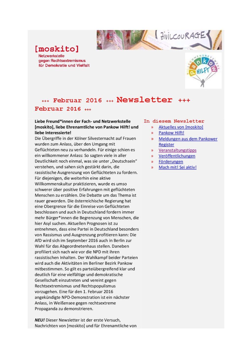 Cover von Newsletter der Netzwerkstelle [moskito]. Februar 2016