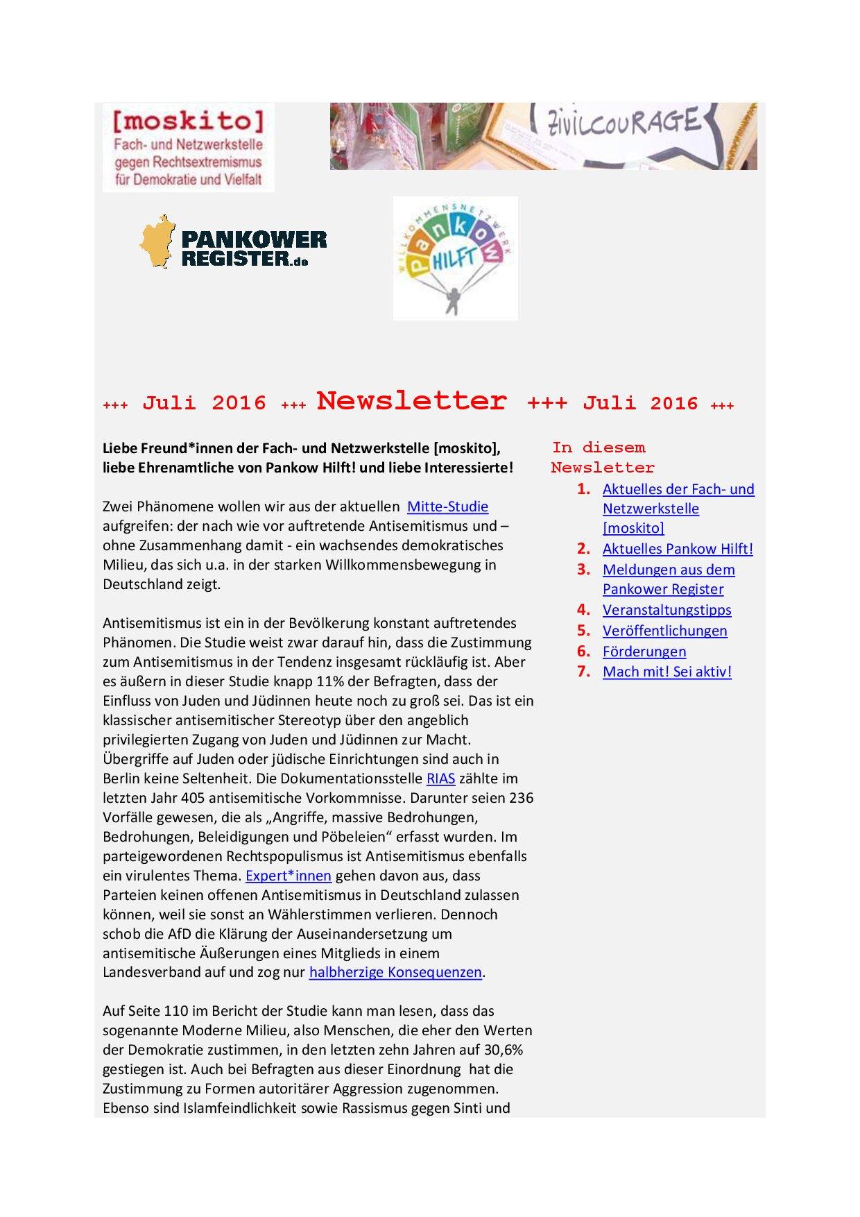 Cover von Newsletter der Netzwerkstelle [moskito]. Juli 2016