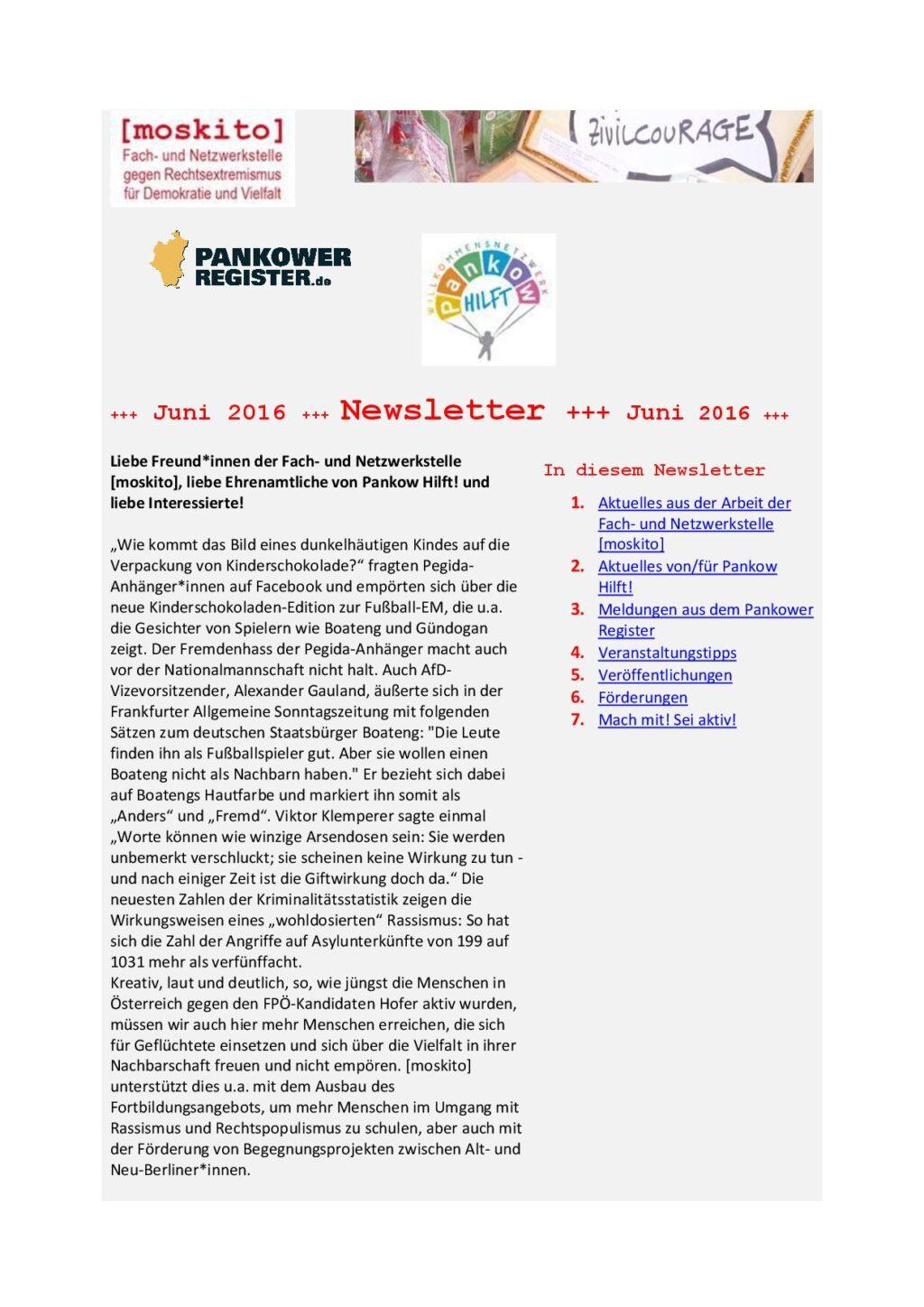 Cover von Newsletter der Netzwerkstelle [moskito]. Juni 2016