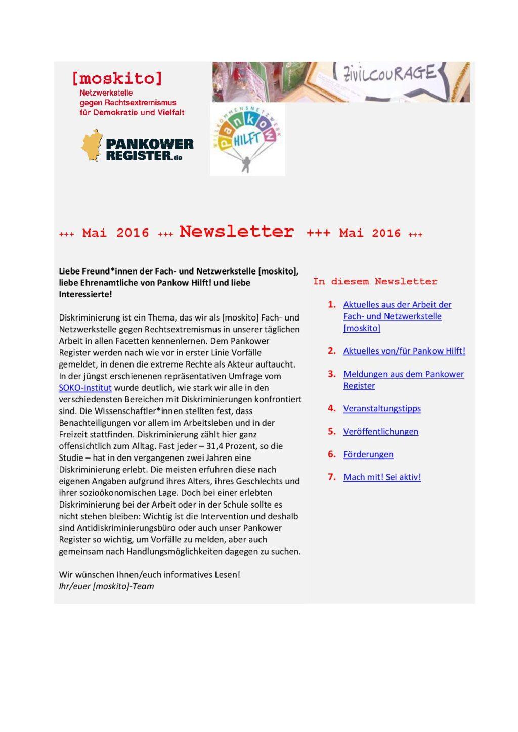 Cover von Newsletter der Netzwerkstelle [moskito]. Mai 2016