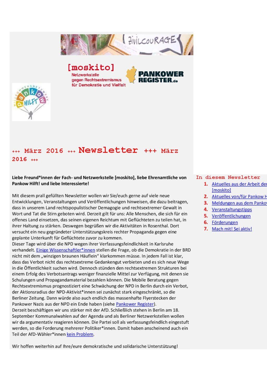 Cover von Newsletter der Netzwerkstelle [moskito]. März 2016