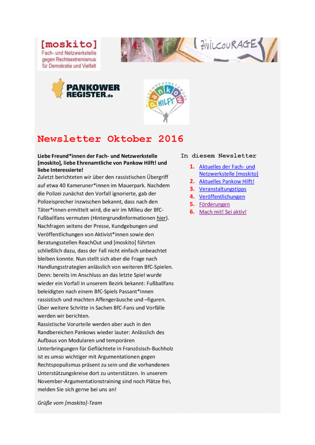 Cover von Newsletter der Netzwerkstelle [moskito]. Oktober 2016