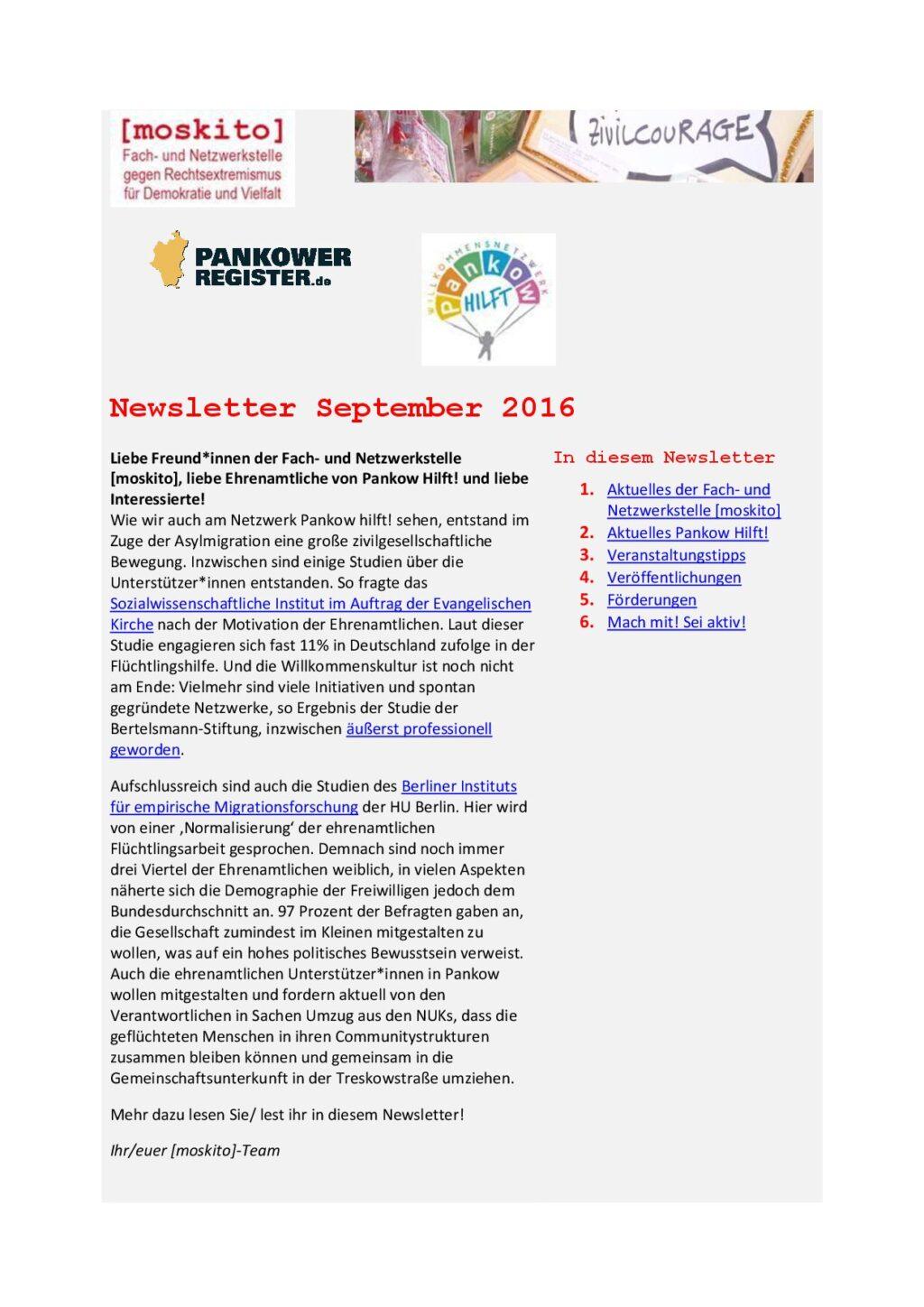 Cover von Newsletter der Netzwerkstelle [moskito]. September 2016