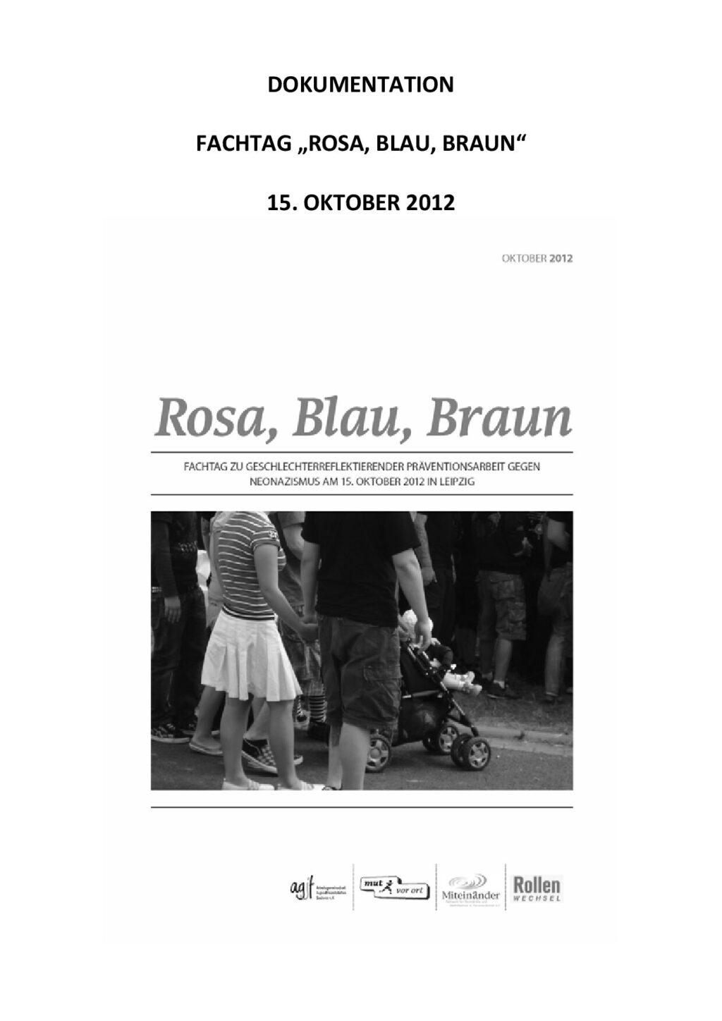 Cover von Rosa, Blau, Braun. Fachtag zu geschlechterreflektierter Präventionsarbeit gegen Neonazismus am 15. Oktober in Leipzig. Dokumentation