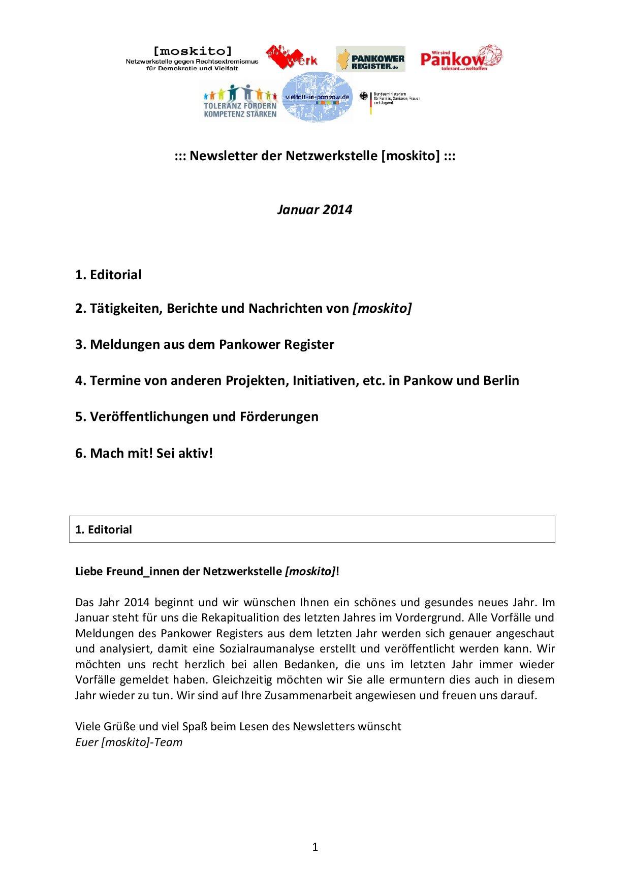 Cover von Newsletter der Netzwerkstelle [moskito]. Januar 2014