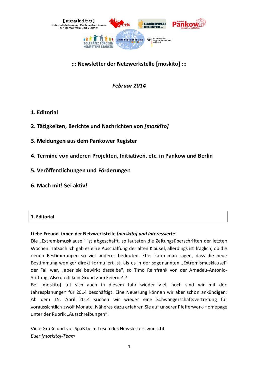 Cover von Newsletter der Netzwerkstelle [moskito]. Februar 2014