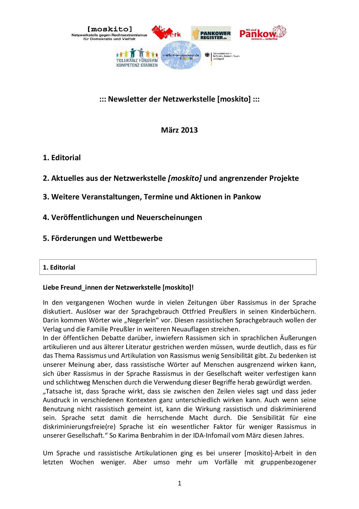 Cover von Newsletter der Netzwerkstelle [moskito]. März 2013