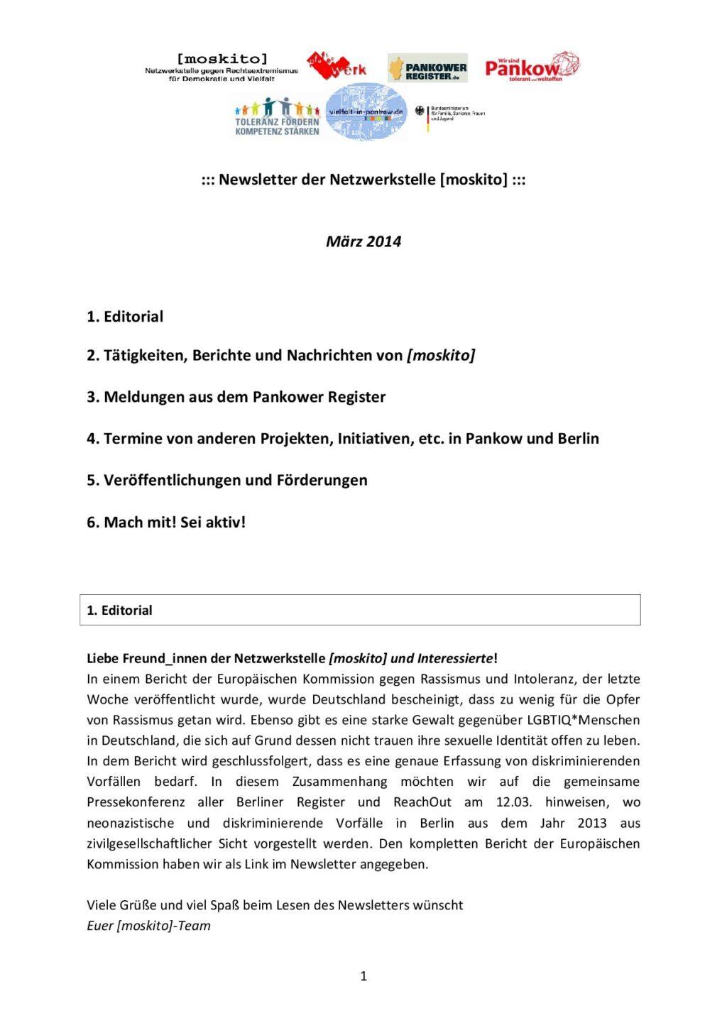 Cover von Newsletter der Netzwerkstelle [moskito]. März 2014