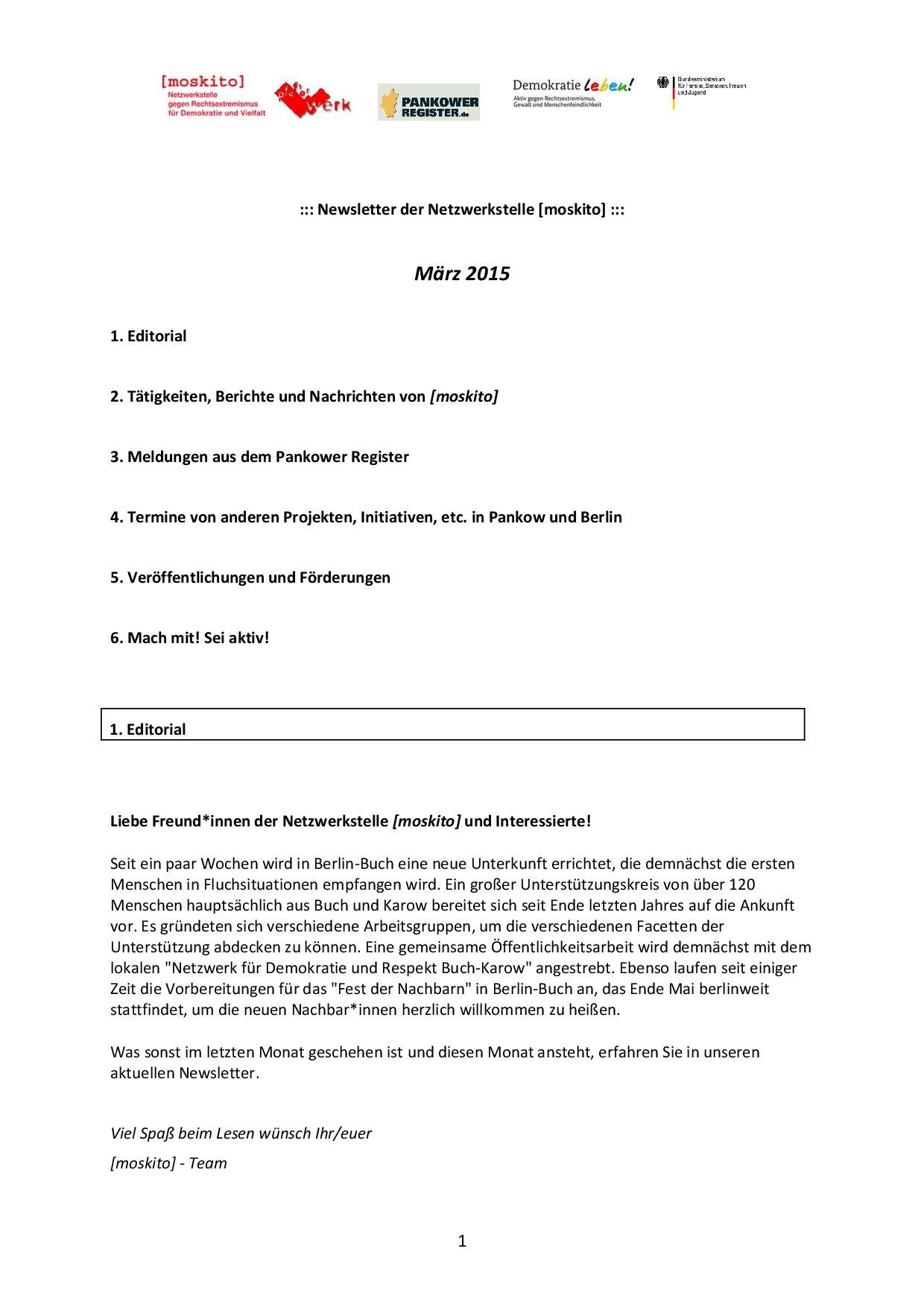 Cover von Newsletter der Netzwerkstelle [moskito]. März 2015