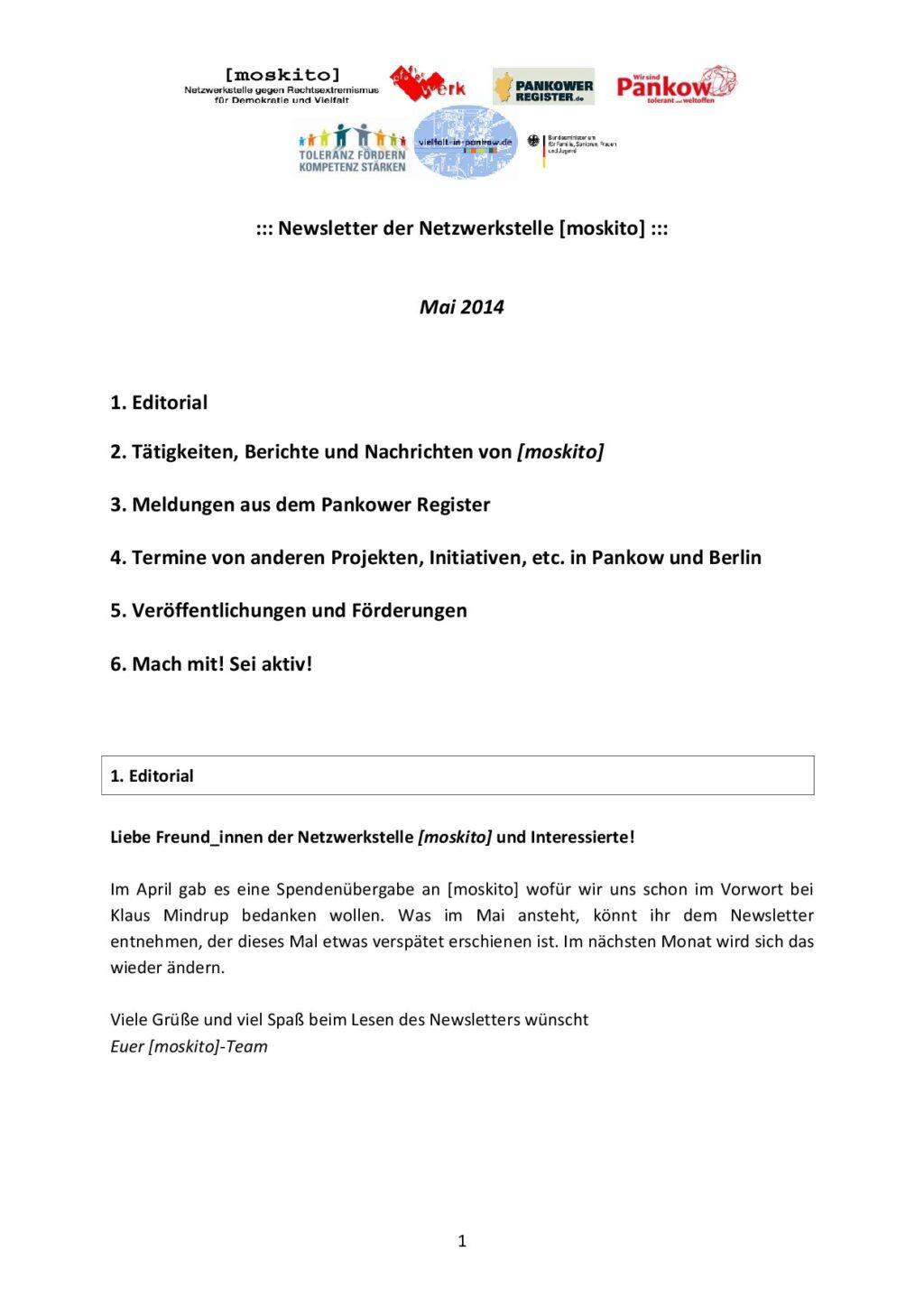 Cover von Newsletter der Netzwerkstelle [moskito]. Mai 2014