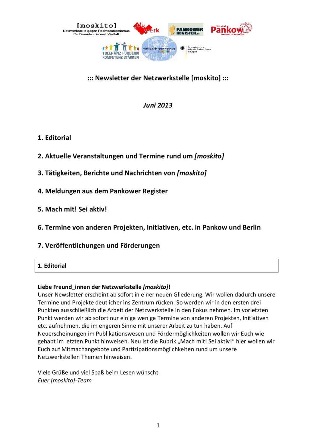 Cover von Newsletter der Netzwerkstelle [moskito]. Juni 2013