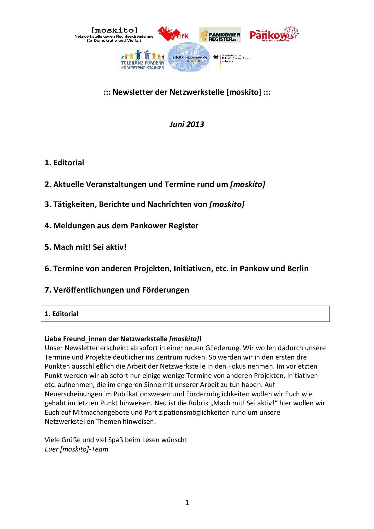 Cover von Newsletter der Netzwerkstelle [moskito]. Juni 2013