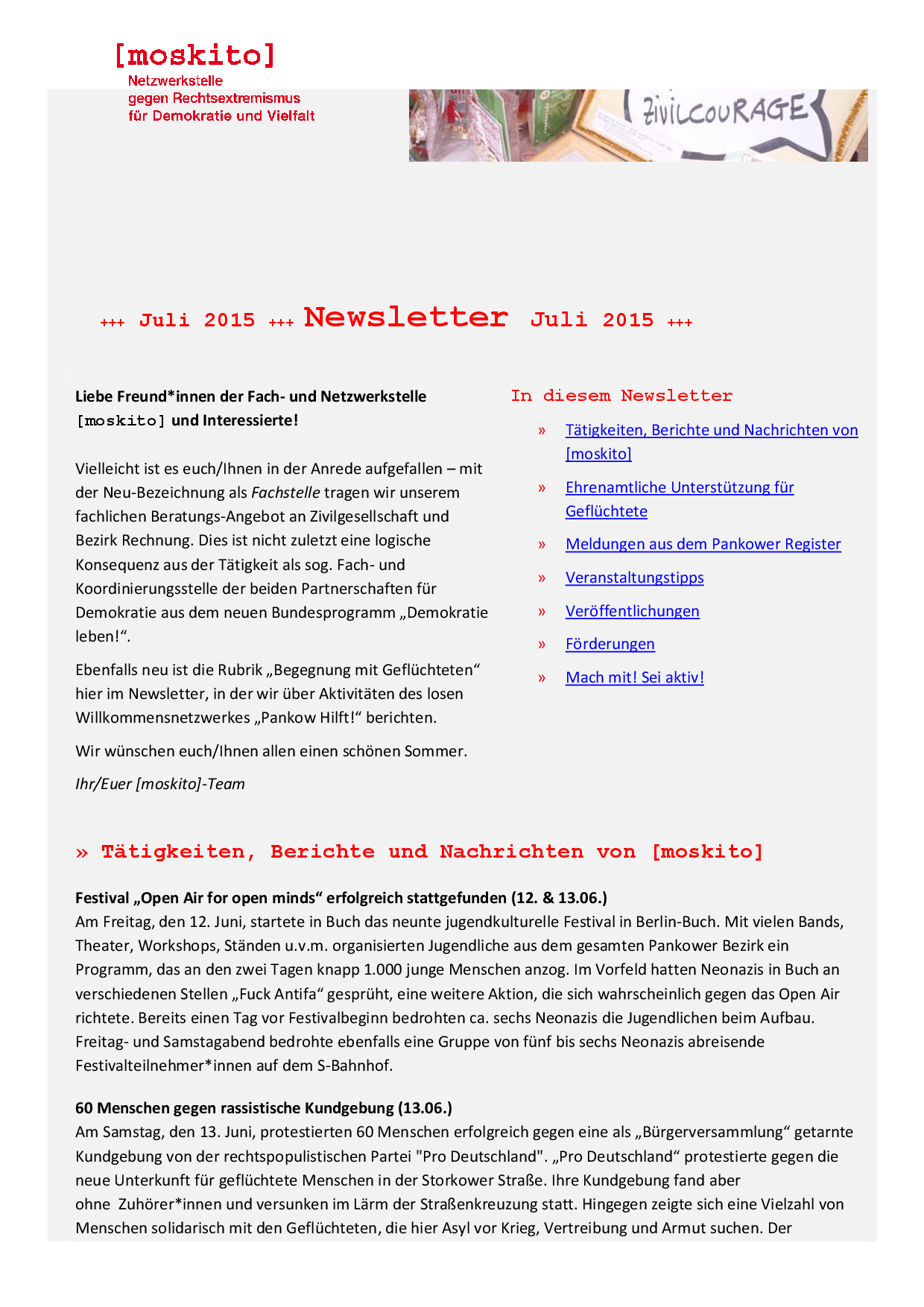 Cover von Newsletter der Netzwerkstelle [moskito]. Juli 2015