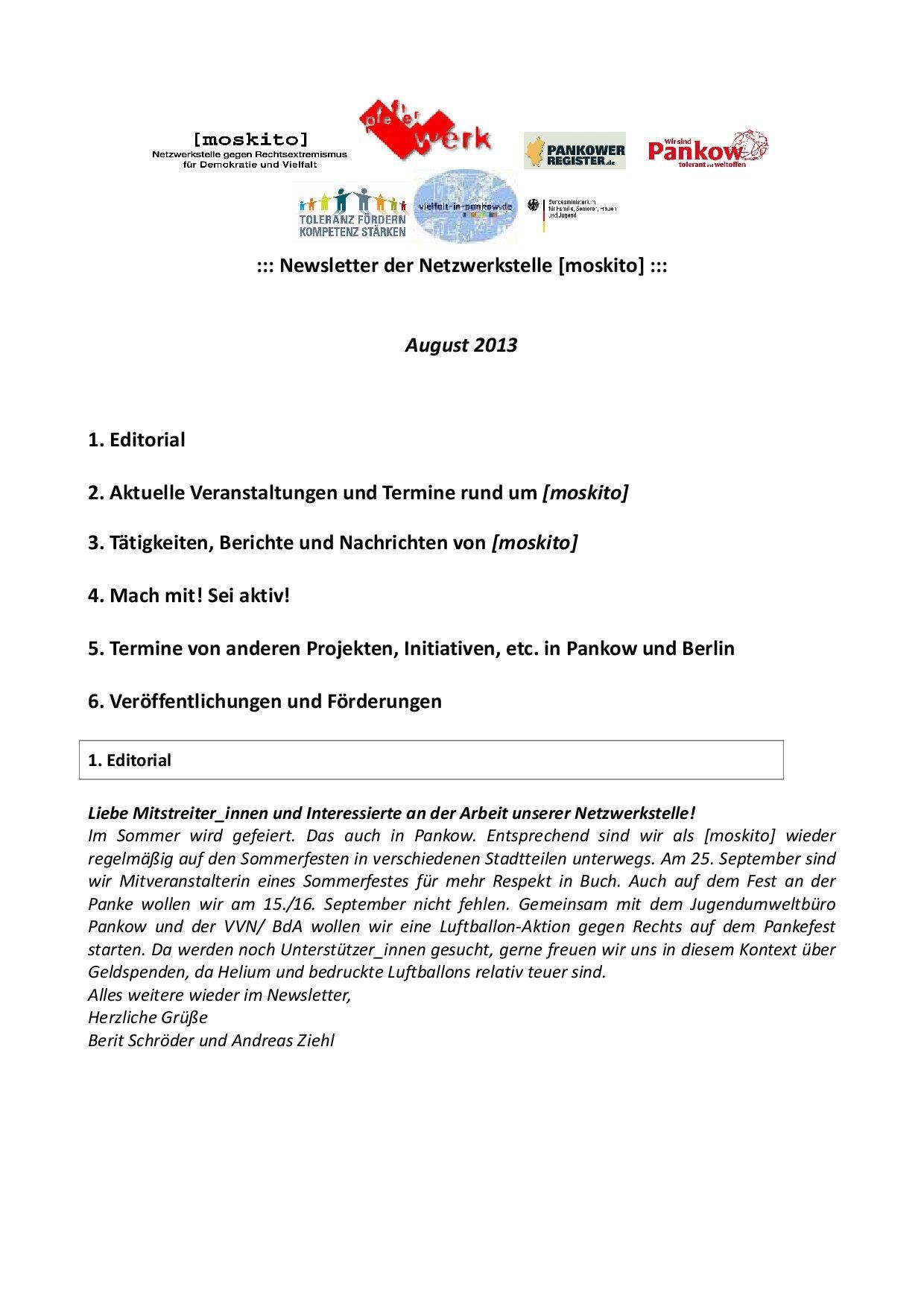 Cover von Newsletter der Netzwerkstelle [moskito]. August 2013