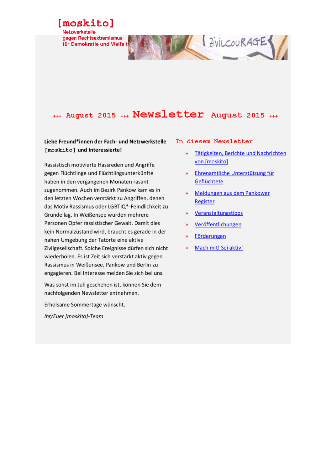 Cover von Newsletter der Netzwerkstelle [moskito]. August 2015