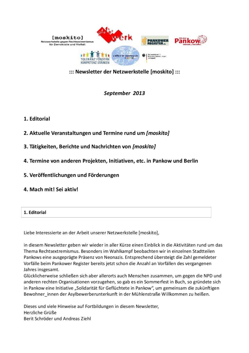 Cover von Newsletter der Netzwerkstelle [moskito]. September 2013