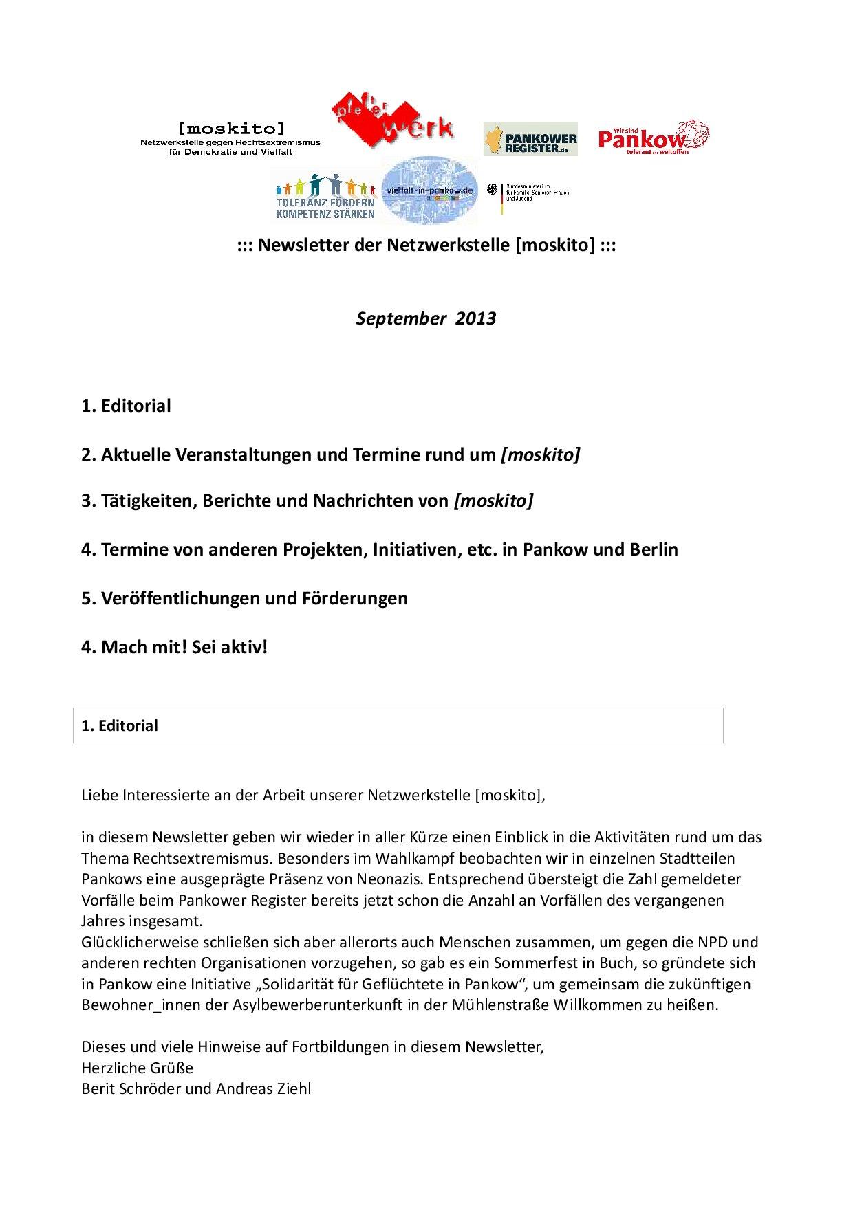 Cover von Newsletter der Netzwerkstelle [moskito]. September 2013