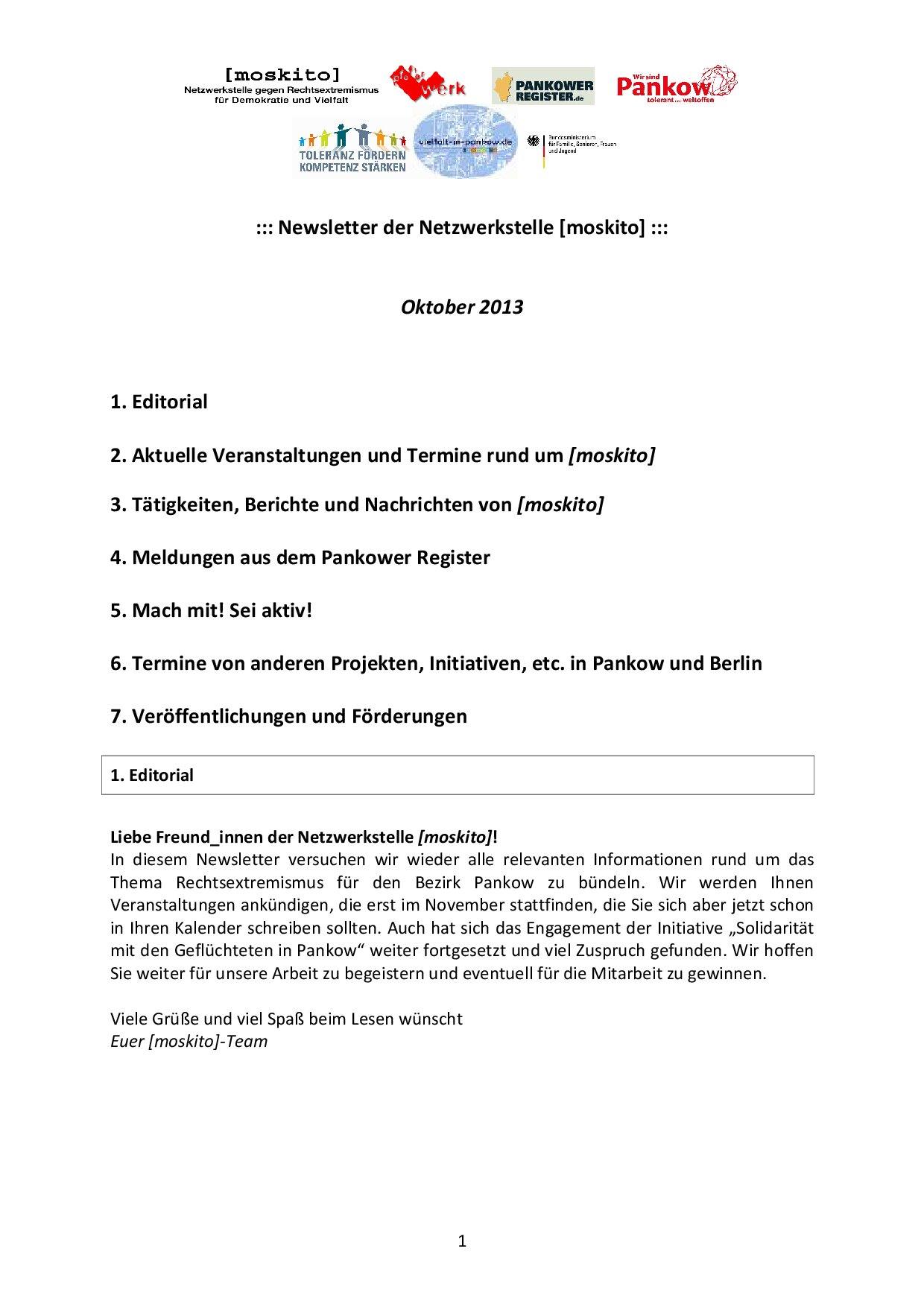 Cover von Newsletter der Netzwerkstelle [moskito]. Oktober 2013