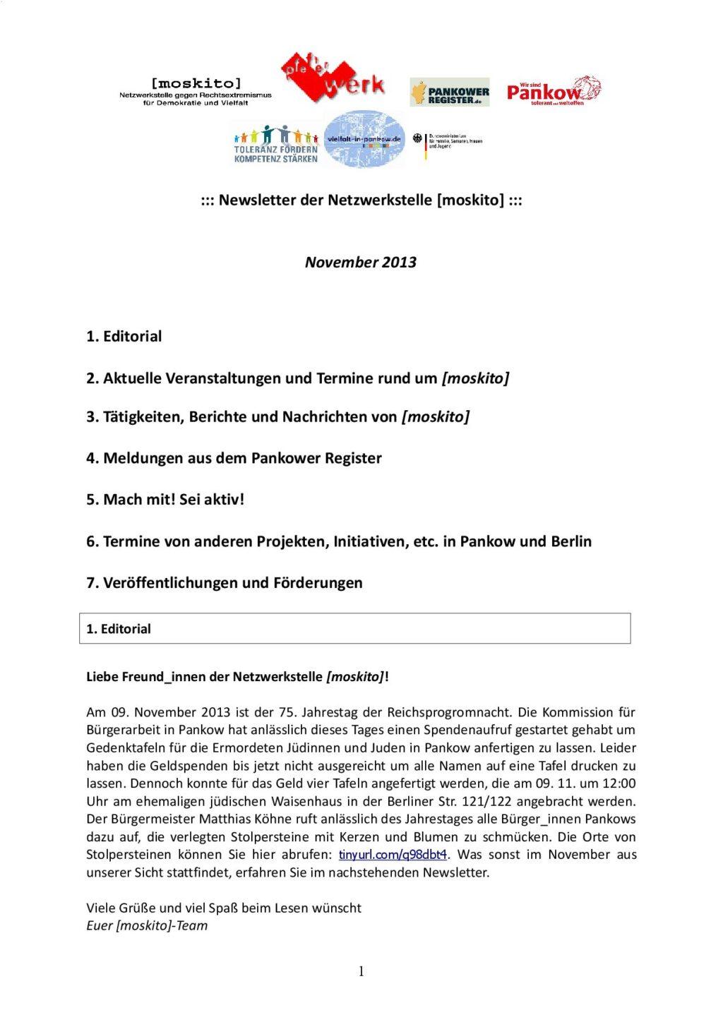 Cover von Newsletter der Netzwerkstelle [moskito]. November 2013