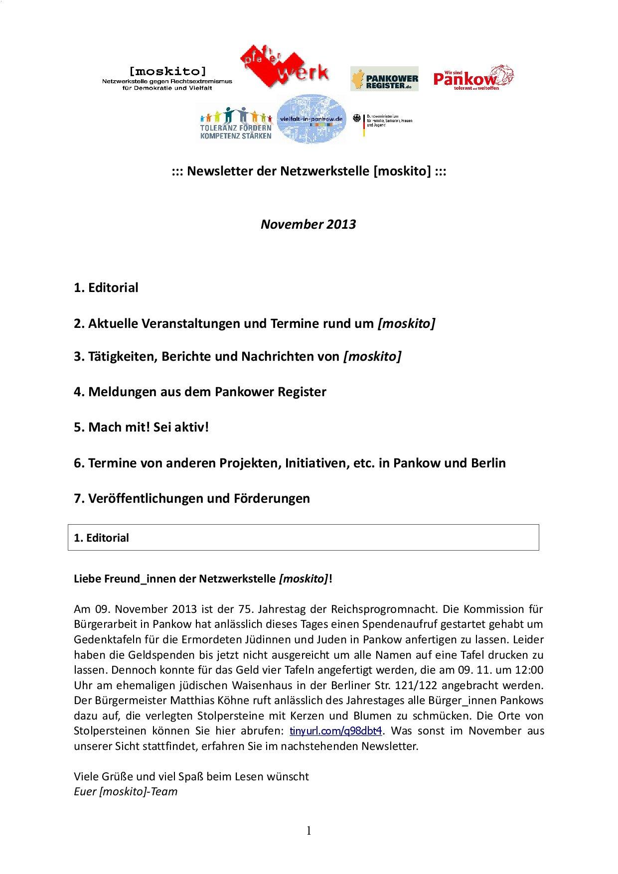 Cover von Newsletter der Netzwerkstelle [moskito]. November 2013