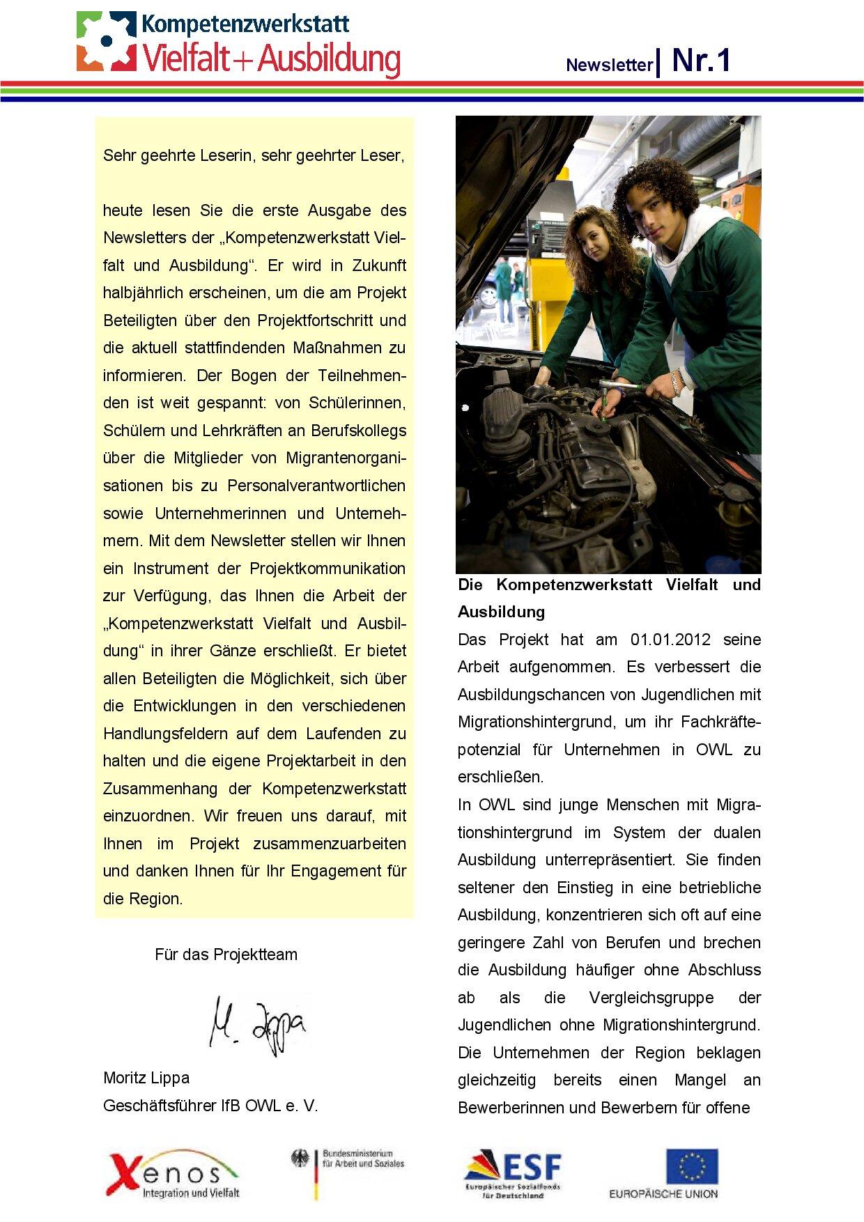 Cover von Kompetenzwerkstatt Vielfalt + Ausbildung Newsletter Nr. 1