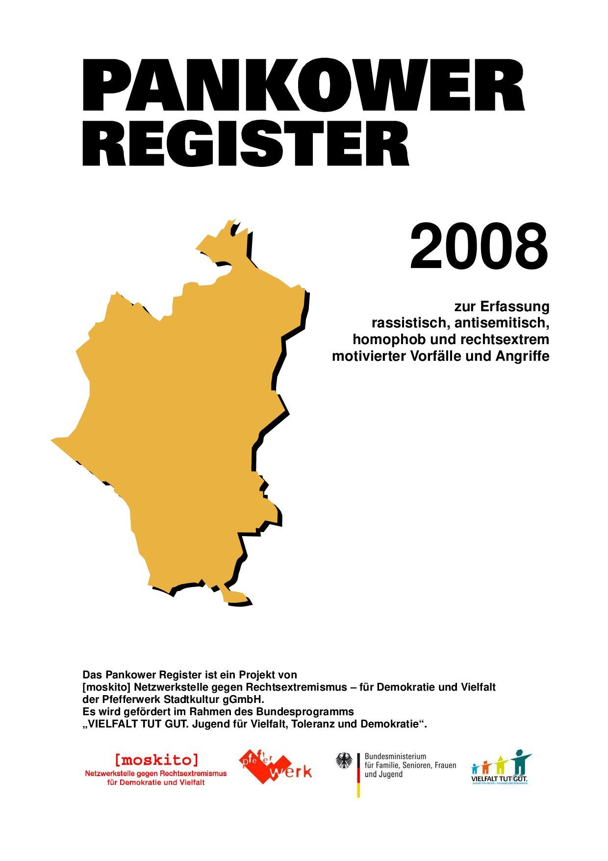 Cover von Pankower Register 2008 zur Erfassung rassistisch, antisemitisch, homophob und rechtsextrem motivierter Vorfälle und Angriffe