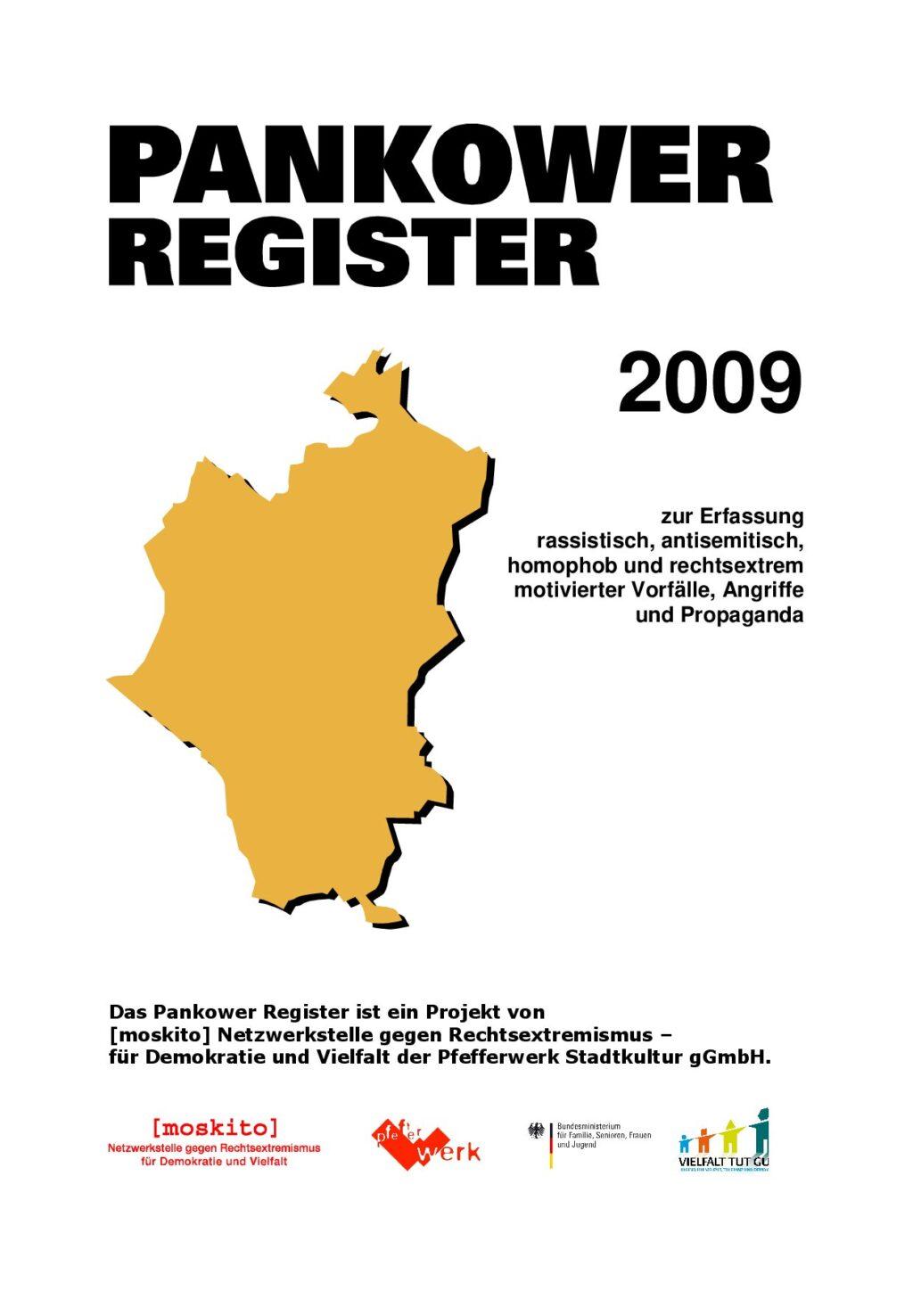 Cover von Pankower Register 2009 zur Erfassung rassistisch, antisemitisch, homophob und rechtsextrem motivierter Vorfälle und Propaganda