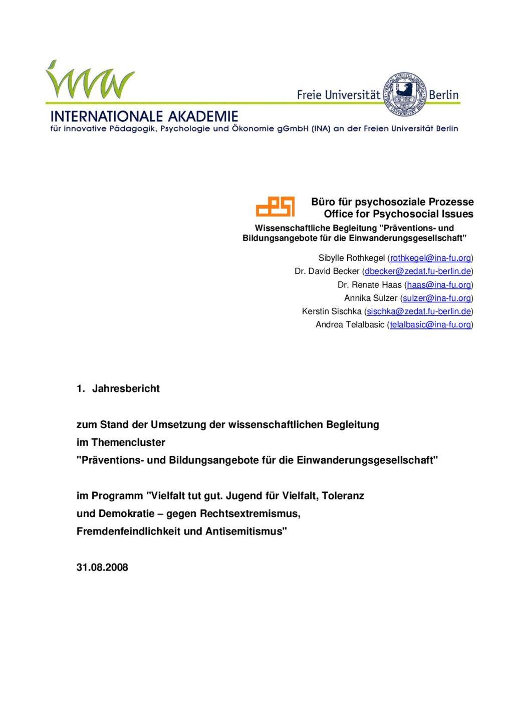 Cover von 1. Jahresbericht zum Stand der Umsetzung im Themencluster "Präventions- und Bildungsangebote für die Einwanderungsgesellschaft"