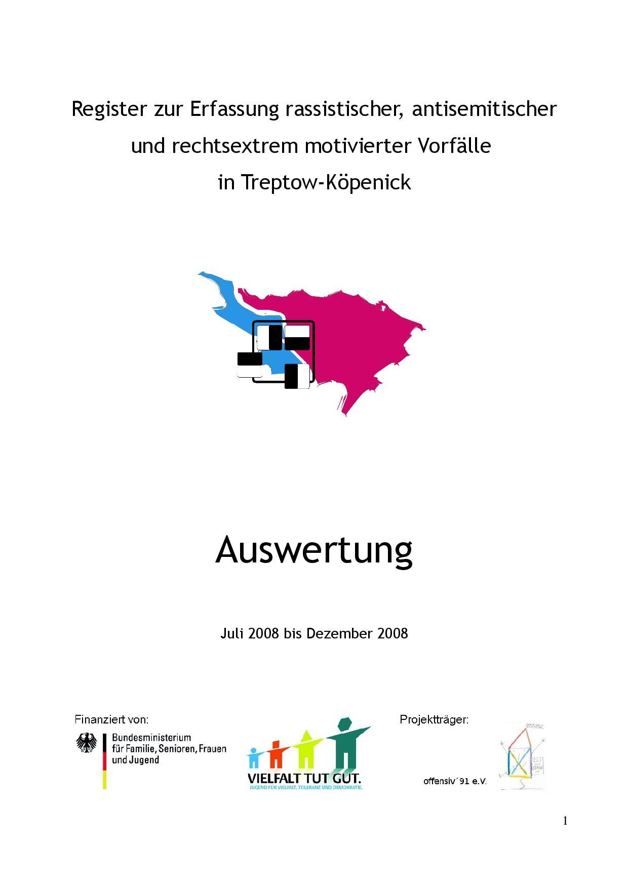 Cover von Register zur Erfassung rassistischer, antisemitischer und rechtsextrem motivierter Vorfälle in Treptow-Köpenick. Auswertung Juli 2008 bis Dezember 2008