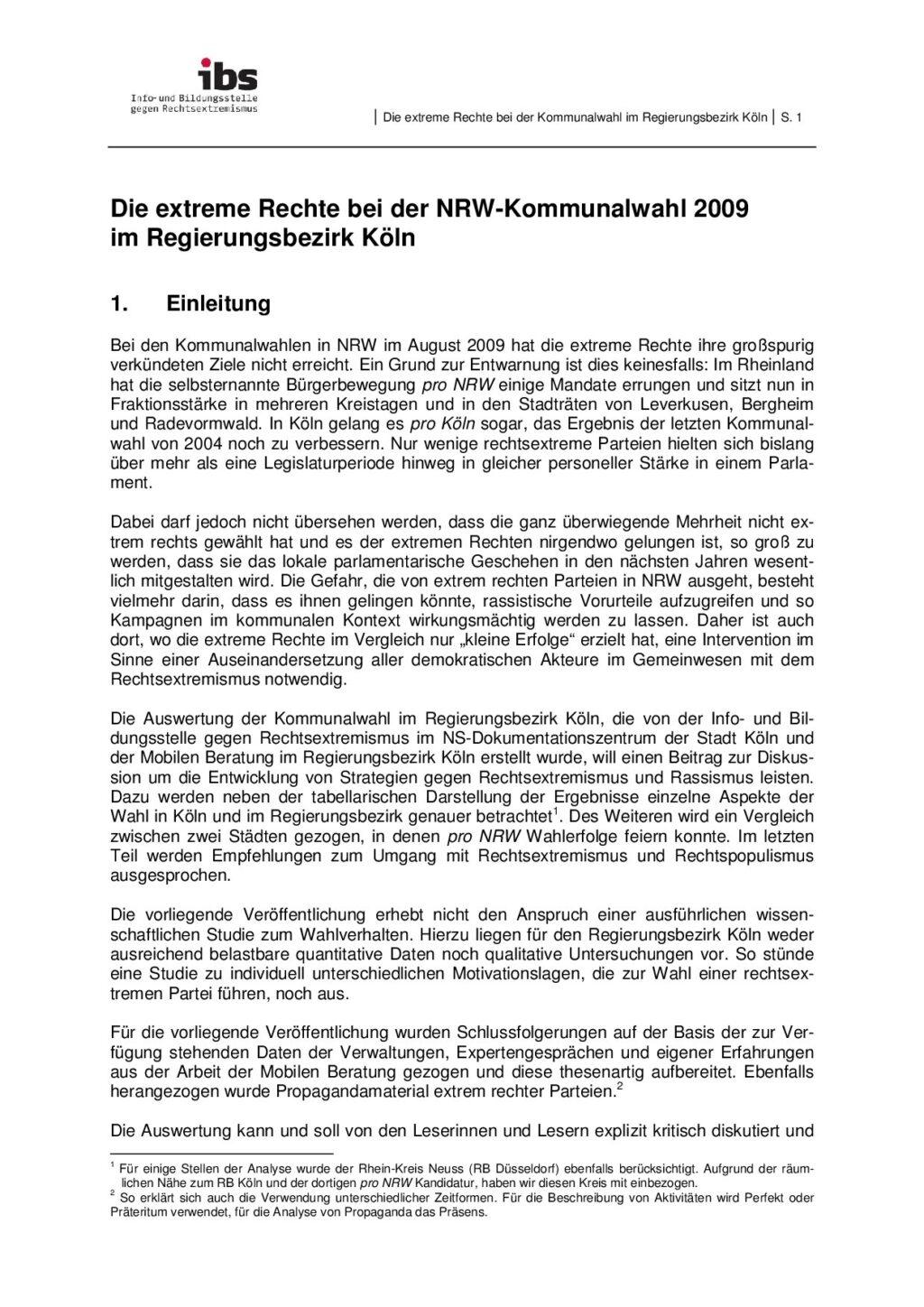 Cover von Die extreme Rechte bei der NRW-Kommunalwahl 2009 im Regierungsbezirk Köln