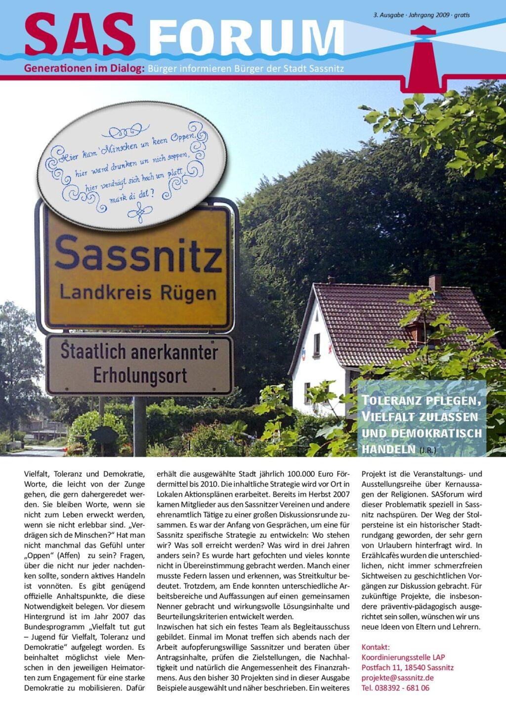 Cover von SAS Forum. Generationen im Dialog: Bürger informieren Bürger der Stadt Sassnitz Nr. 3/2009