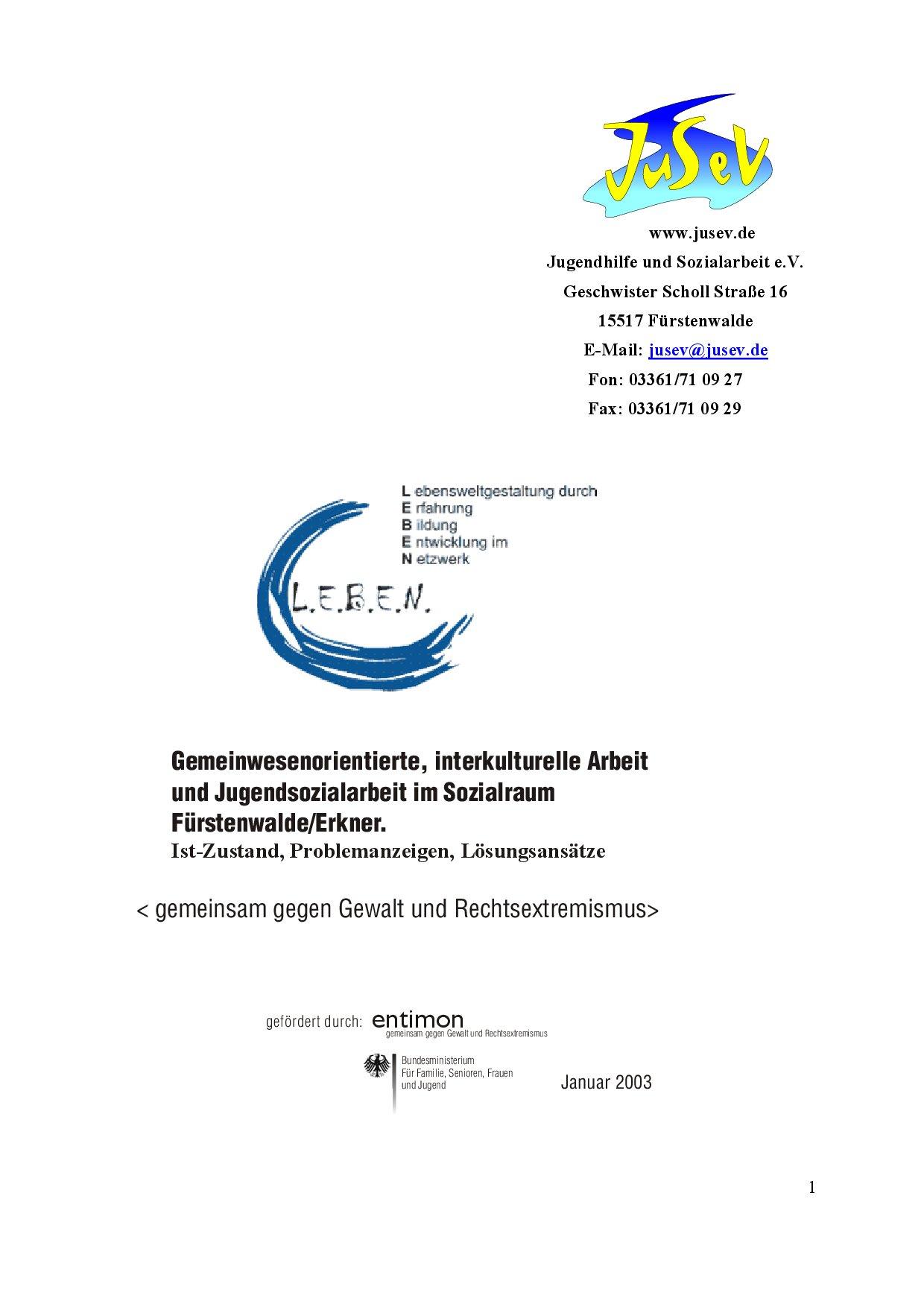 Cover von Gemeinwesenorientierte, interkulturelle Arbeit und Jugendsozialarbeit im Sozialraum Fürstenwalde/Erkner. Ist-Zustand, Problemanzeigen, Lösungsansätze