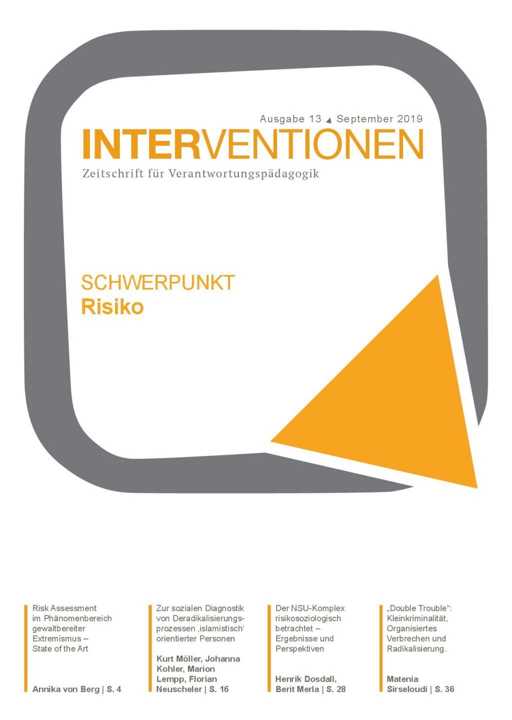 Cover von Interventionen. Zeitschrift für Verantwortungspädagogik. Ausgabe 13. September 2019. Schwerpunkt Risiko